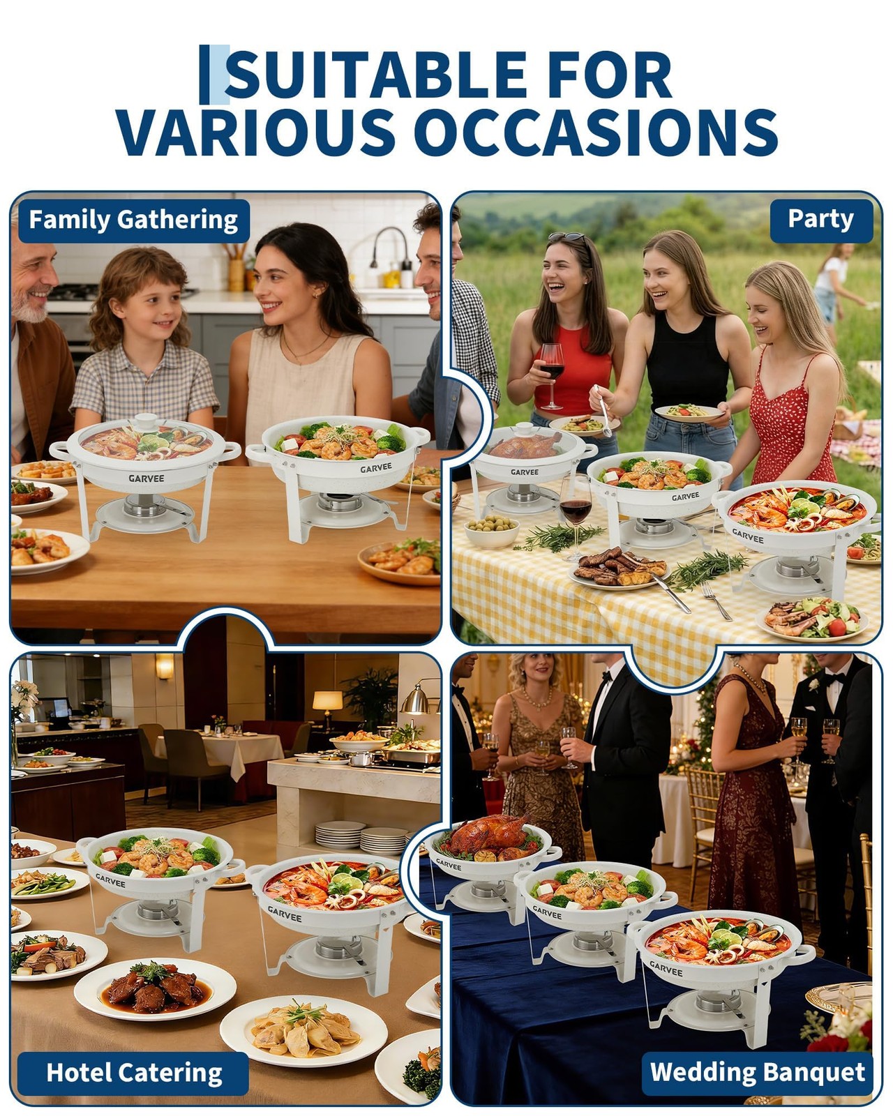 6 Pcs 5.3QT White Chafing Dishes Buffet Set, Non-Stick Coated Food Warmer