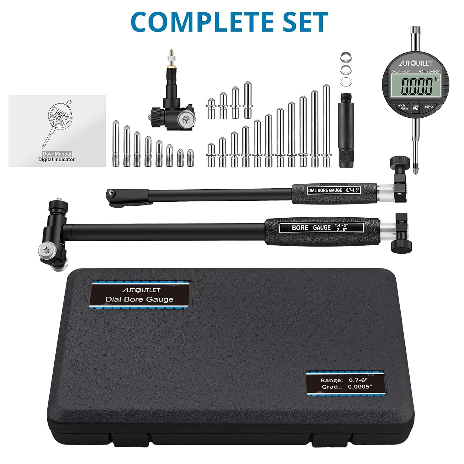 Digital Dial Bore Gauge, 0.7″-6″ Measurement Range, 0.0005″ Precision Dial Bore