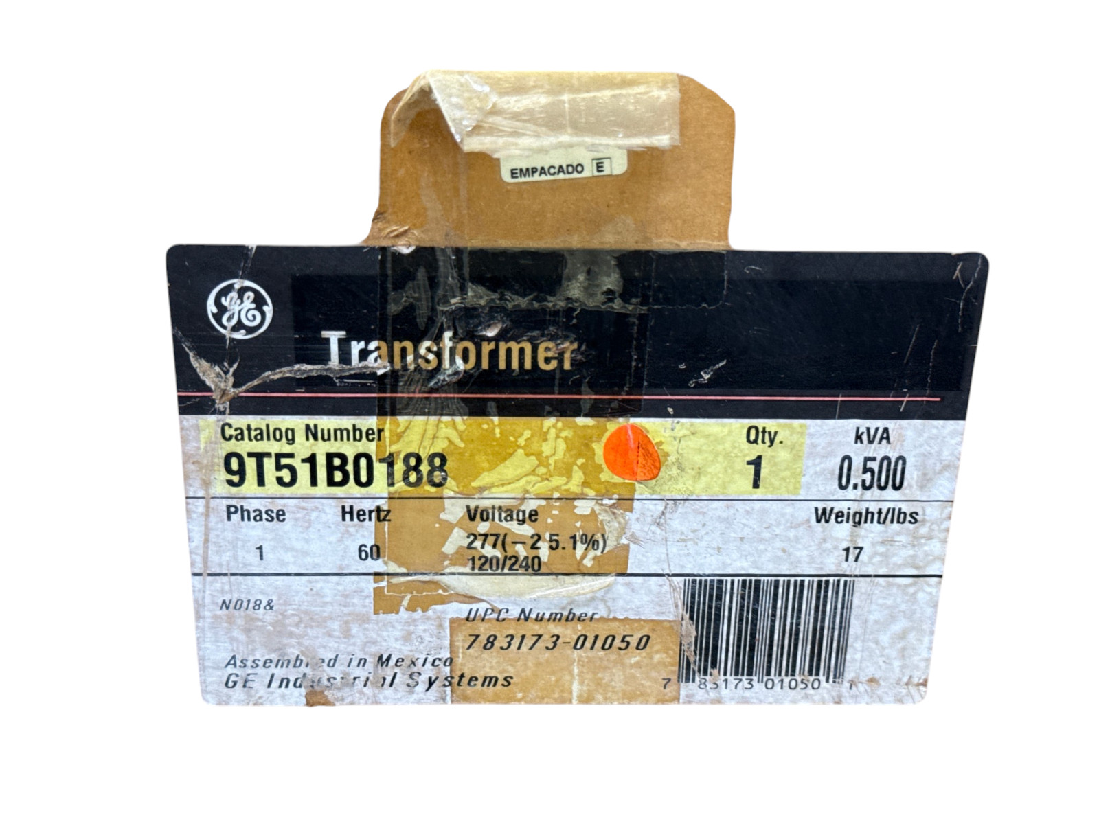 GE 9T51B0188 TYPE QB 0.5KVA 277V 120/240V 1PH GENERAL PURPOSE TRANSFORMER NEW