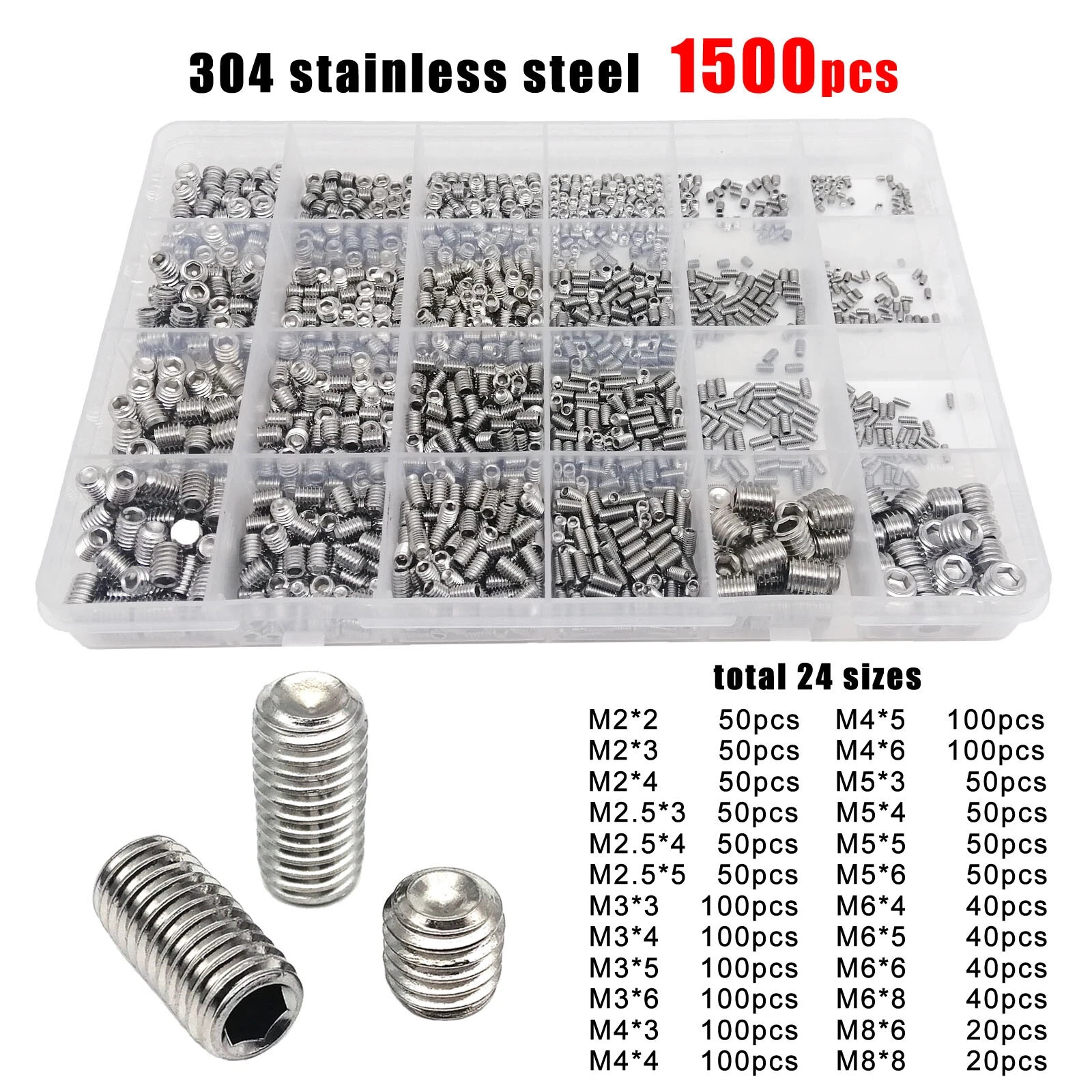 1500x Hex Socket Set Screw Kit M2-M8 Cup Point Grub Bolt Assortment