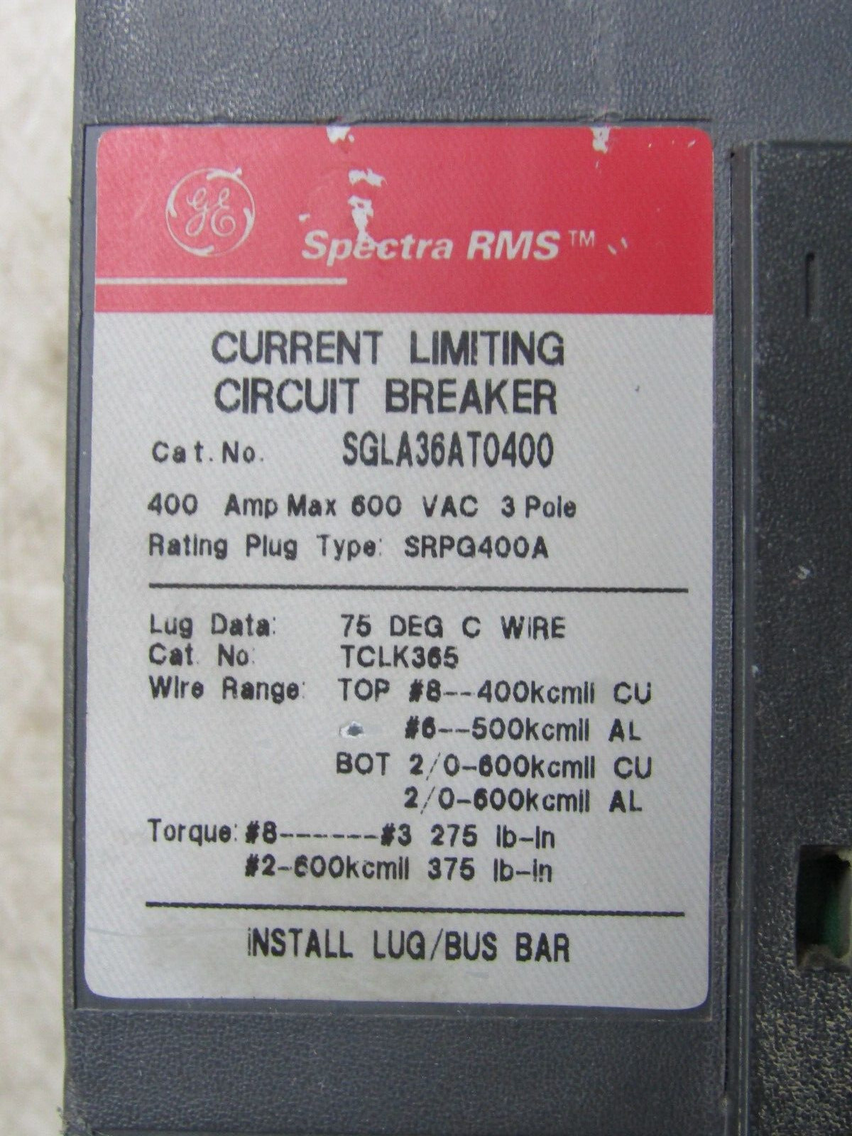 💥GE SPECTRA RMS 400A CURRENT LIMITING CIRCUIT BREAKER SGLA36AT0400 W/ 400A TRIP