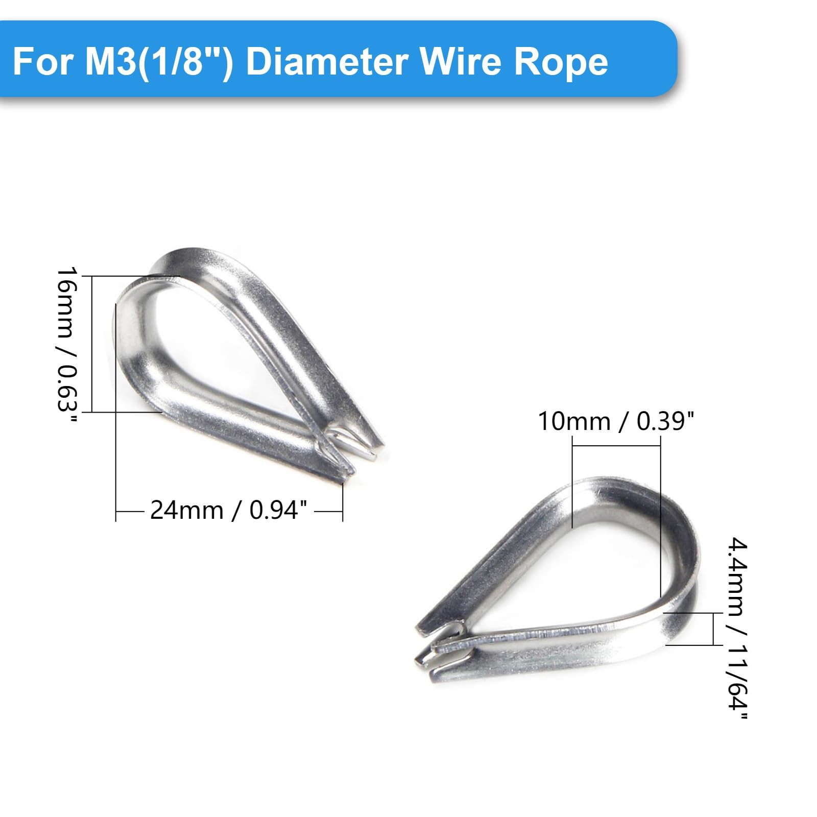 50 Pcs 1/8″ M3 Stainless Steel Wire Rope Thimbles for Cable Rope Thimble Rigging