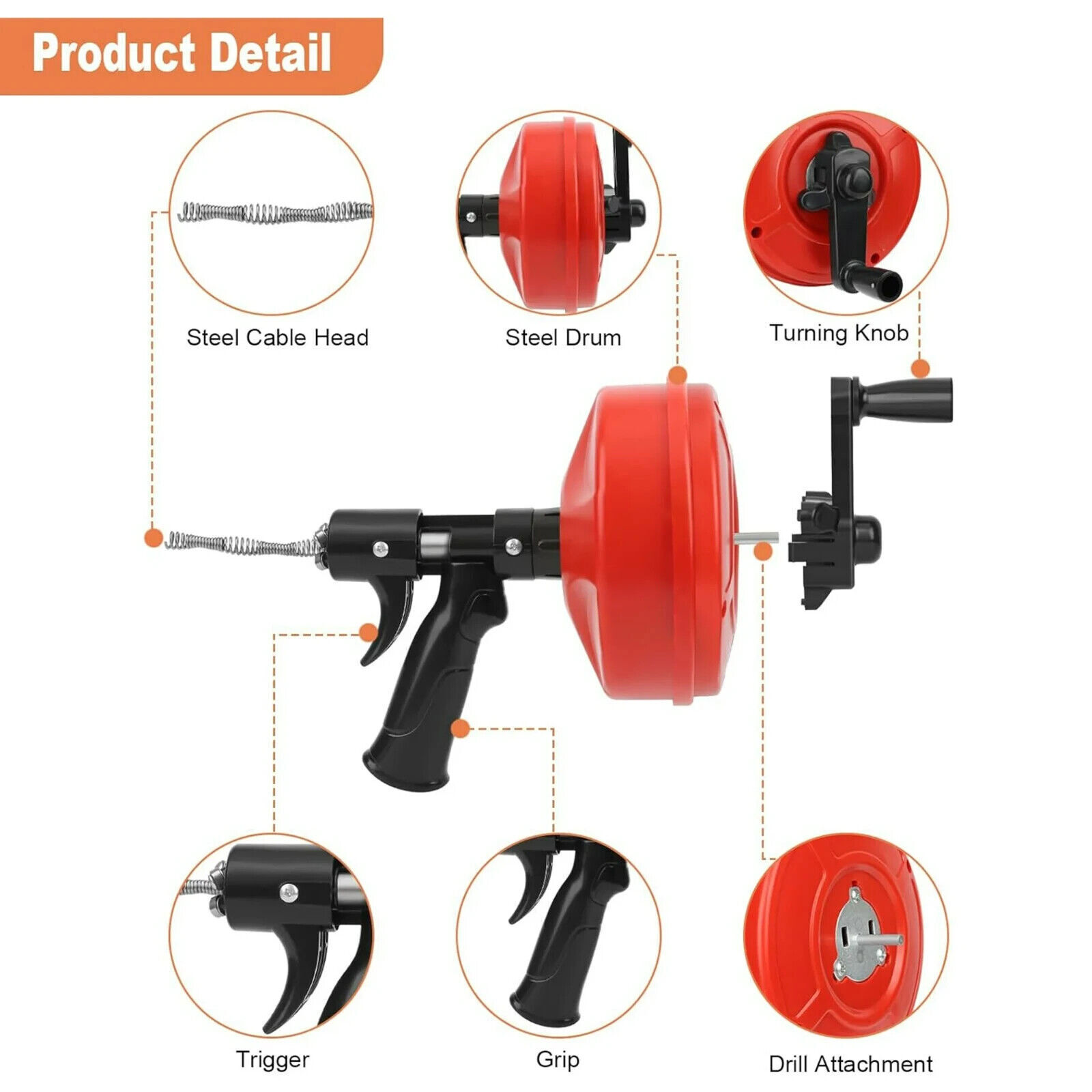 Drain Auger 25ft 1/4in Drum Plumbing Drain Snake Clog Remover Autofeed