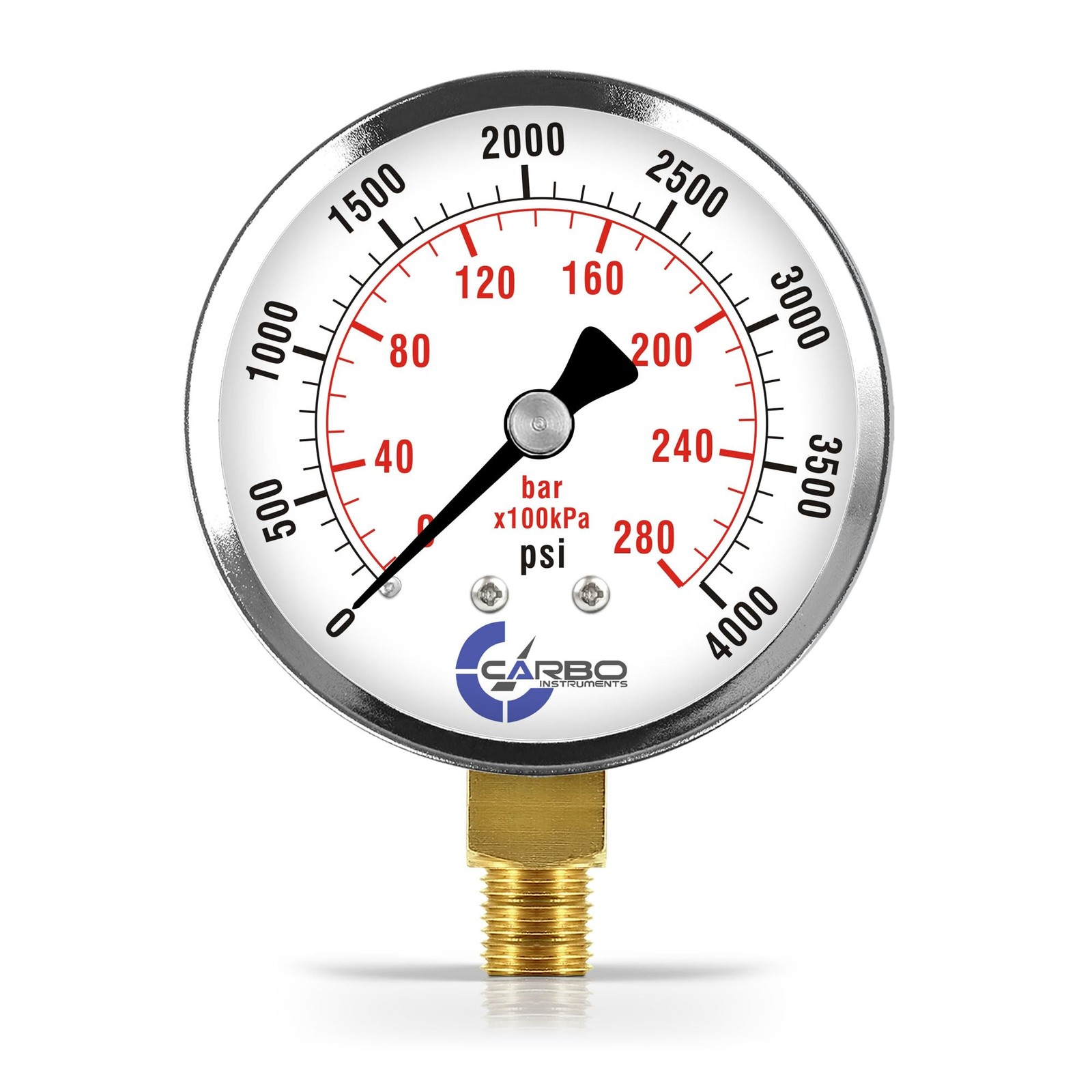 2-1/2″ Pressure Gauge, Chrome Steel, 0-4000 psi, Lower Mount 1/4″ NPT