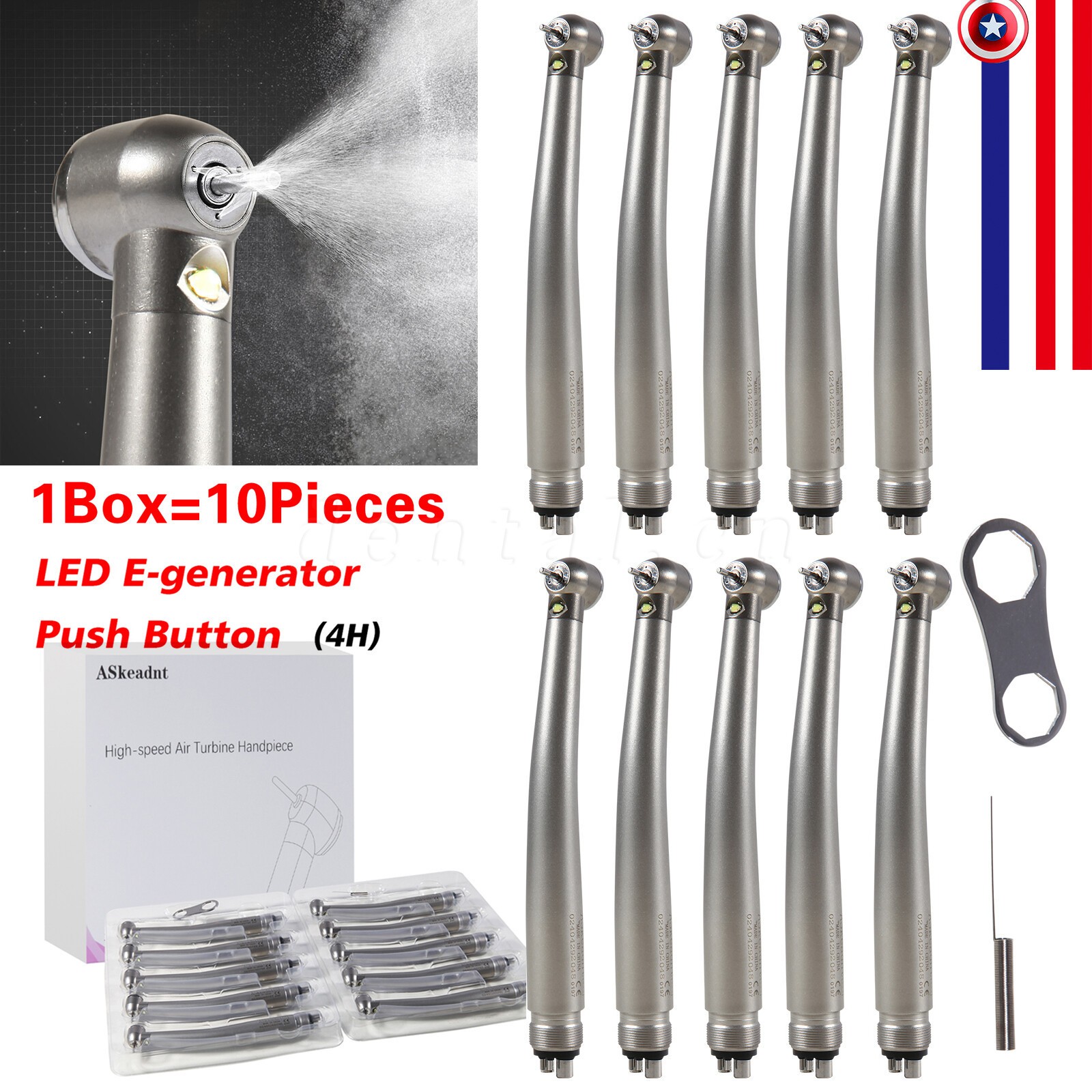 10 NSK Style Dental Hi Speed Handpiece Fiber Optic LED E-generator Turbine 4Hole