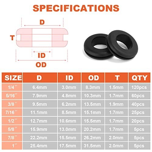 Rubber Grommets Kit 280 Piece Assortment for Wiring Cable Automotive Sheet Metal