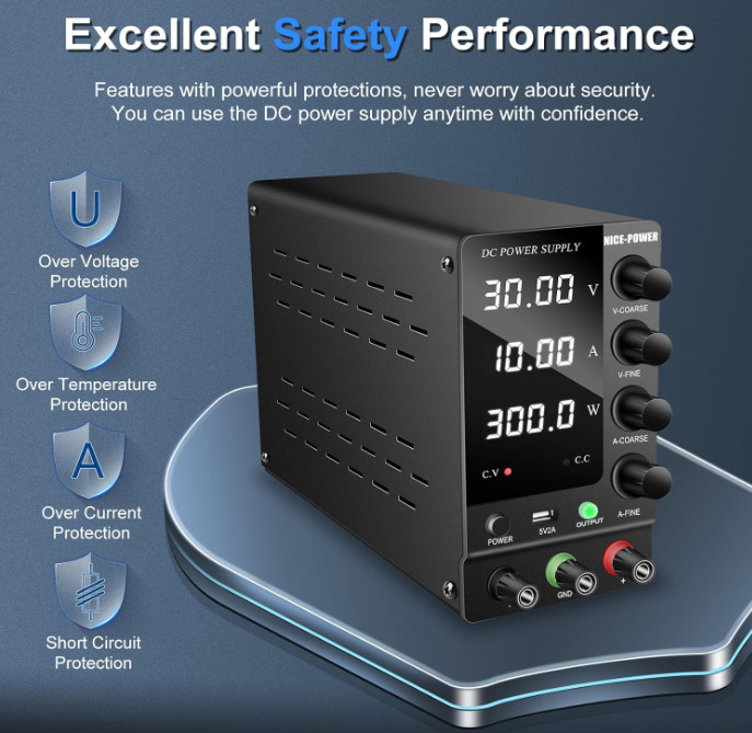 Fuente de Alimentación DC Ajustable 30V 10A con Pantalla LED y Puerto USB 5V, r