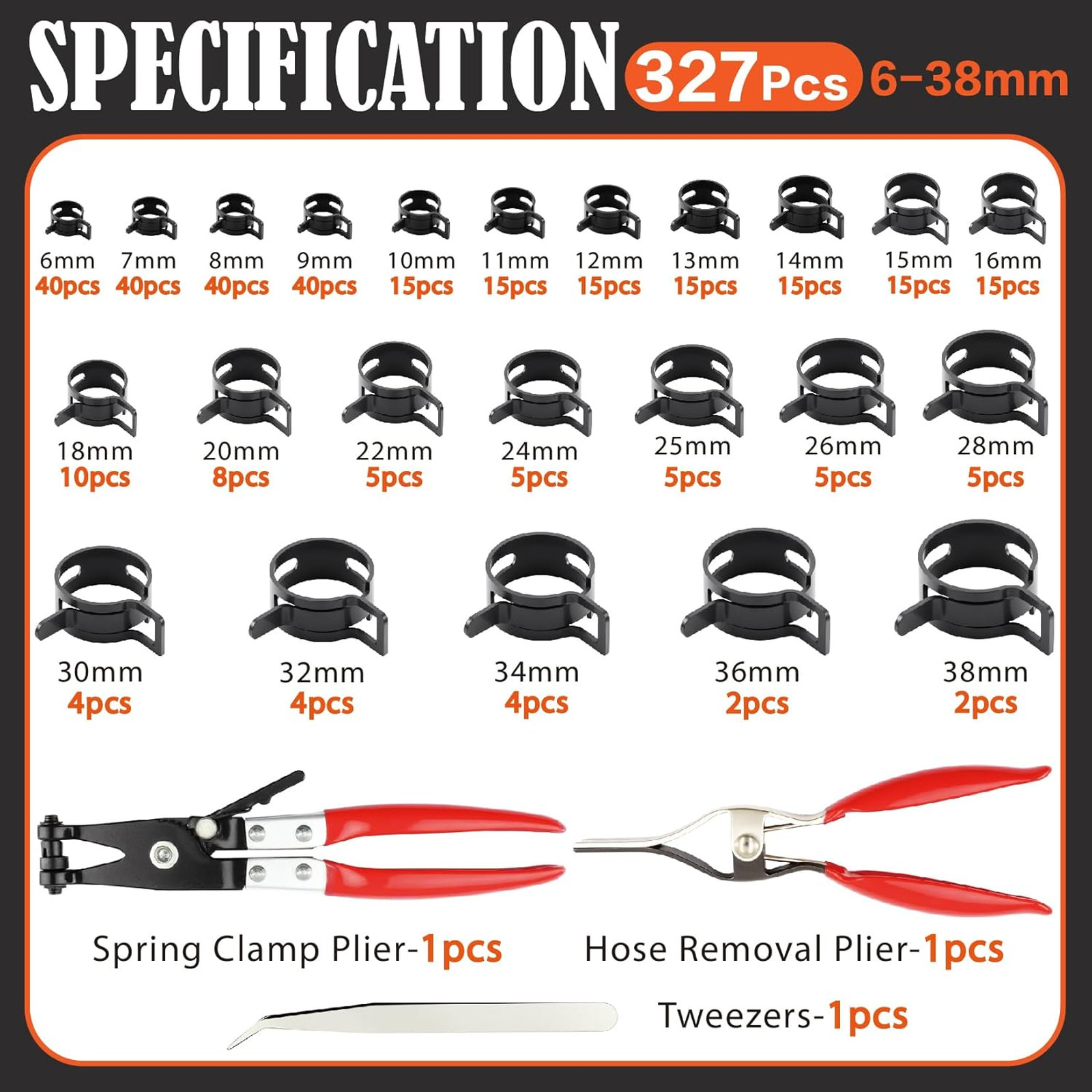 327Pcs 6-38mm Spring Hose Clamps Assortment Kit with Spring Clamp Plier,Hose