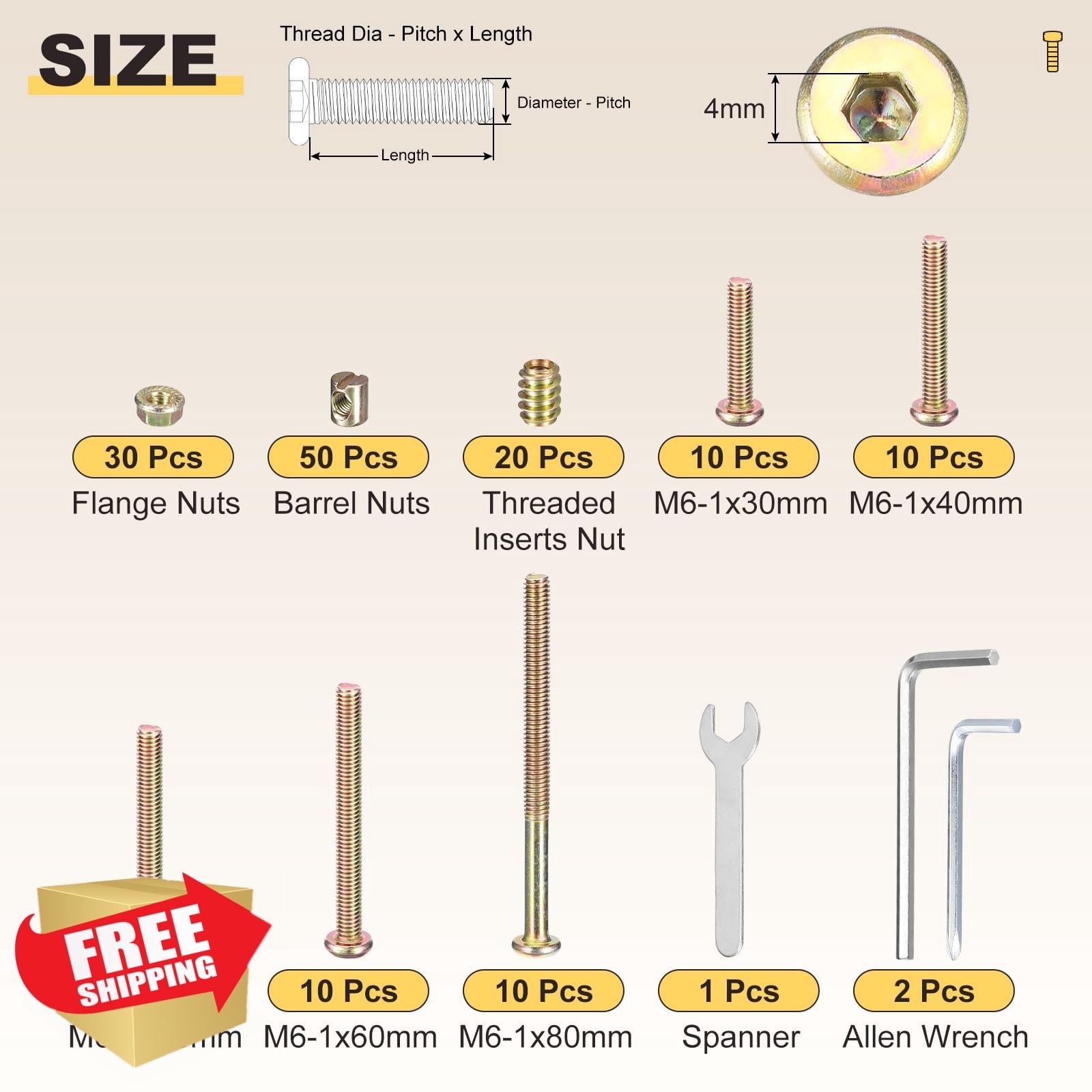 METALLIXITY Crib Screws M6-1×30-80mm Yellow 150 Pcs