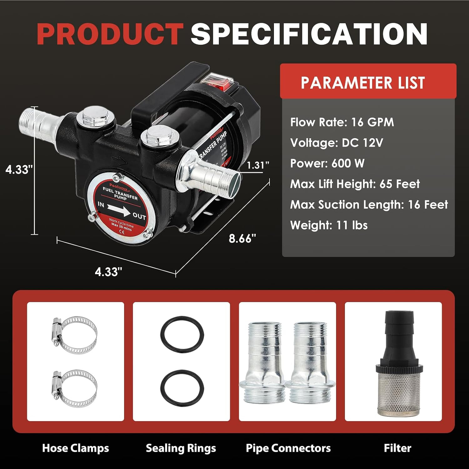 12V DC Fuel Transfer Pump, 16 GPM 600W Diesel Transfer Pump | Portable Self Prim