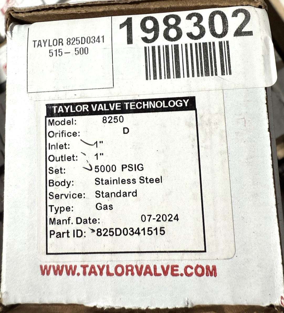 Taylor Valve 825D0341515 SS 5000 psig 8250 Gas Relief Valve 1″ (OEM) *NEW*