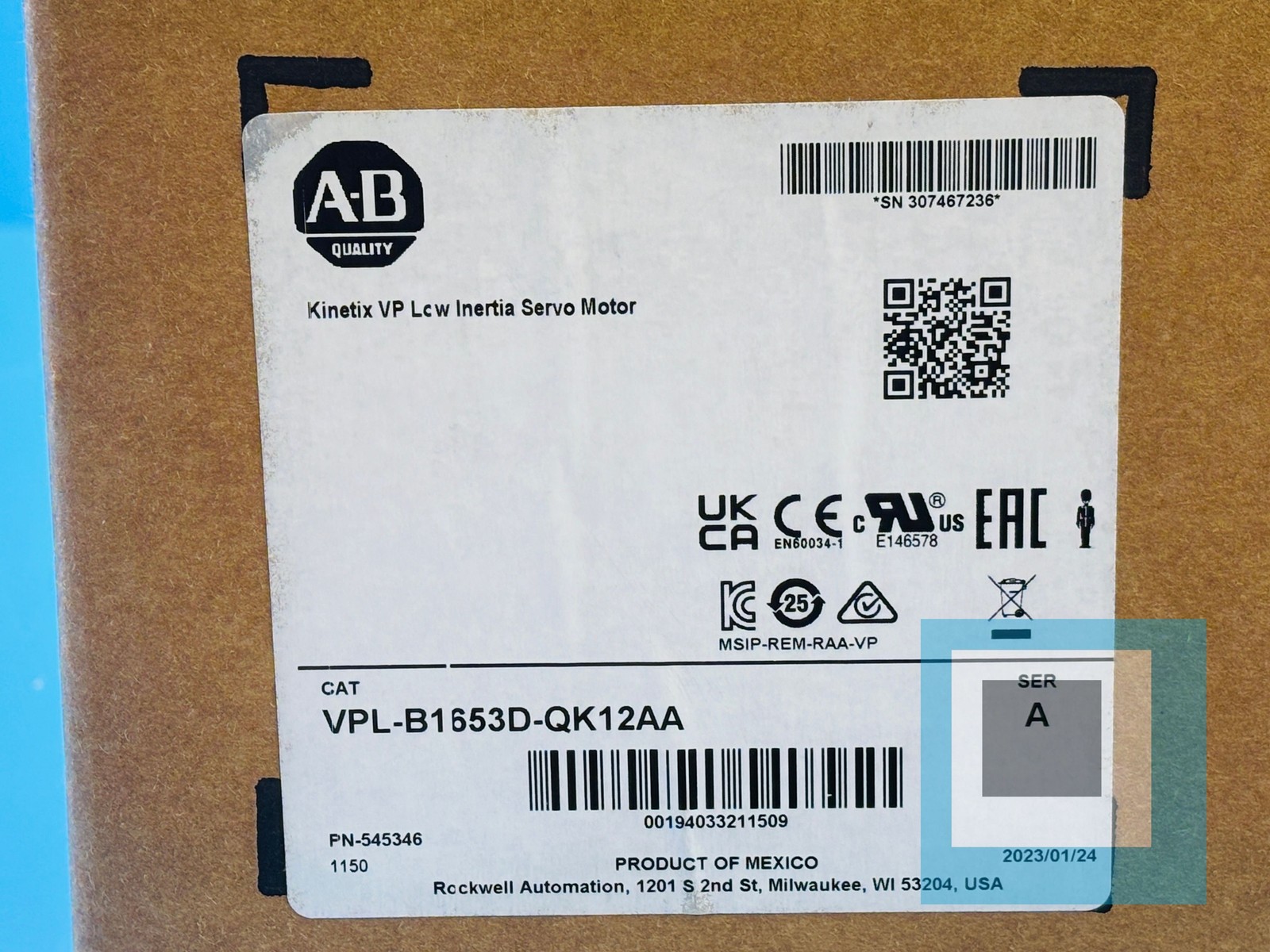 Allen-Bradley VPL-B1653D-QK12AA Kinetix VP Low Inertia Servo Motor – NEW SEALED
