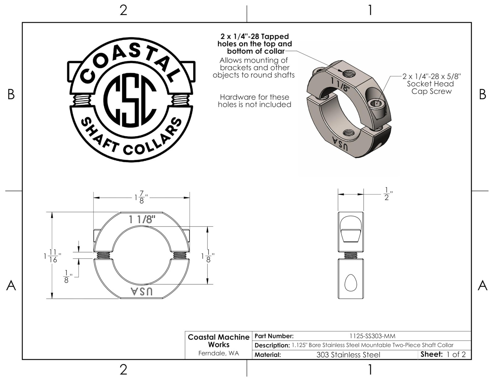 Coastal Shaft Collars – 1.125″ Bore Diameter – Mountable Clamping Two Piece S…