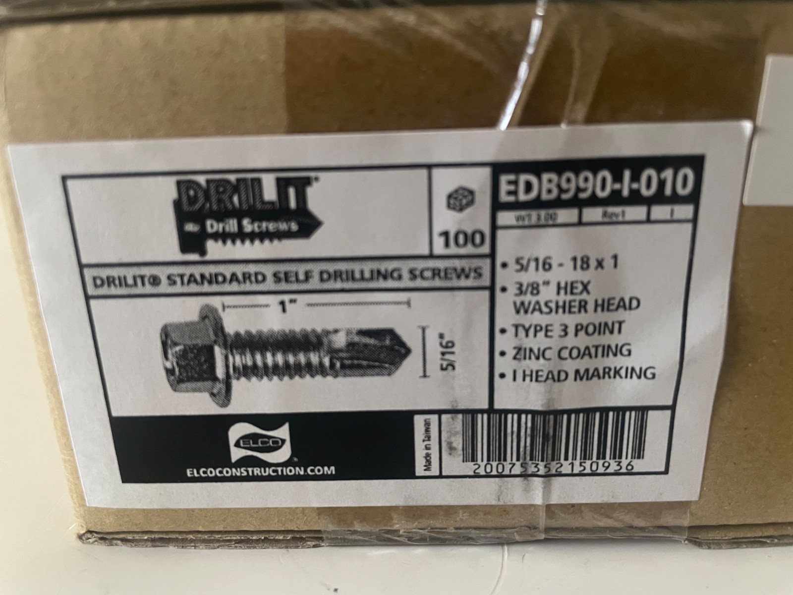 100 Count – Elco Drilit Self Drilling Screws 5/16″-18 x 1″ Type 3 3/8″ Hex Head