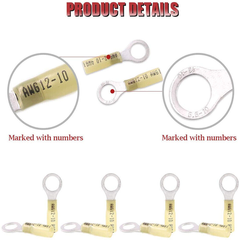 500/50Pcs 12-10AWG Waterproof Wire Crimp Connector Heat Shrink Ring Terminal M10