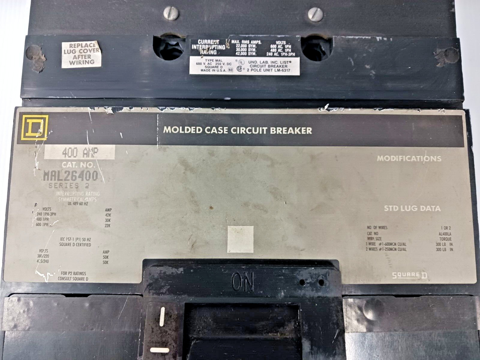 SQUARE D 400 AMP MOLDED CASE CIRCUIT BREAKER 2 POLE 600 VAC MAL26400