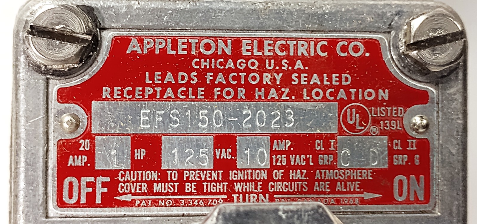 Appleton EFS1502023 125VAC 20 A 3-Wire 2-Pole Receptacle for Hazardous Locations