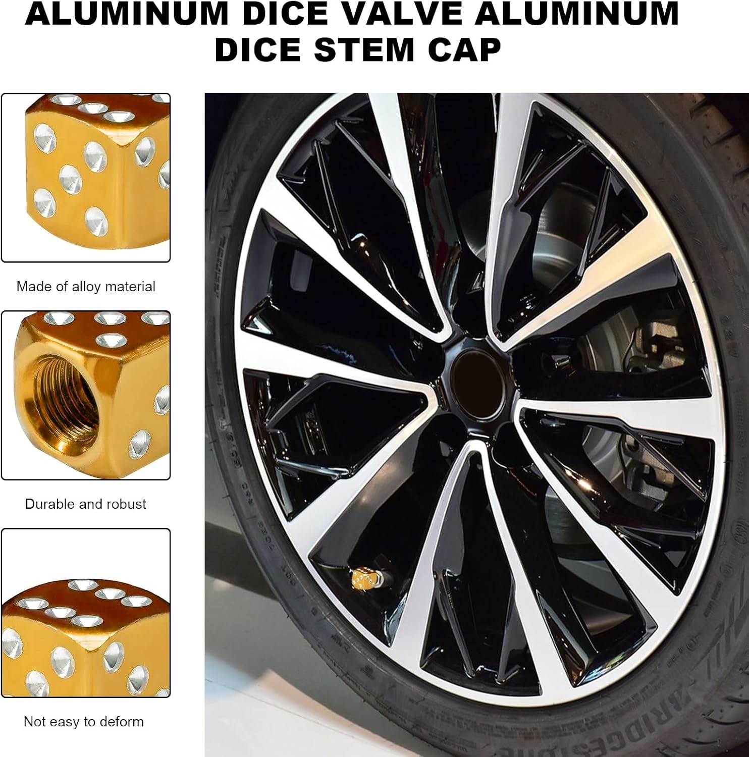 4PCS Dice Style Tire Valve Stem Caps, Aluminum Dice Automotive T Color: Golden
