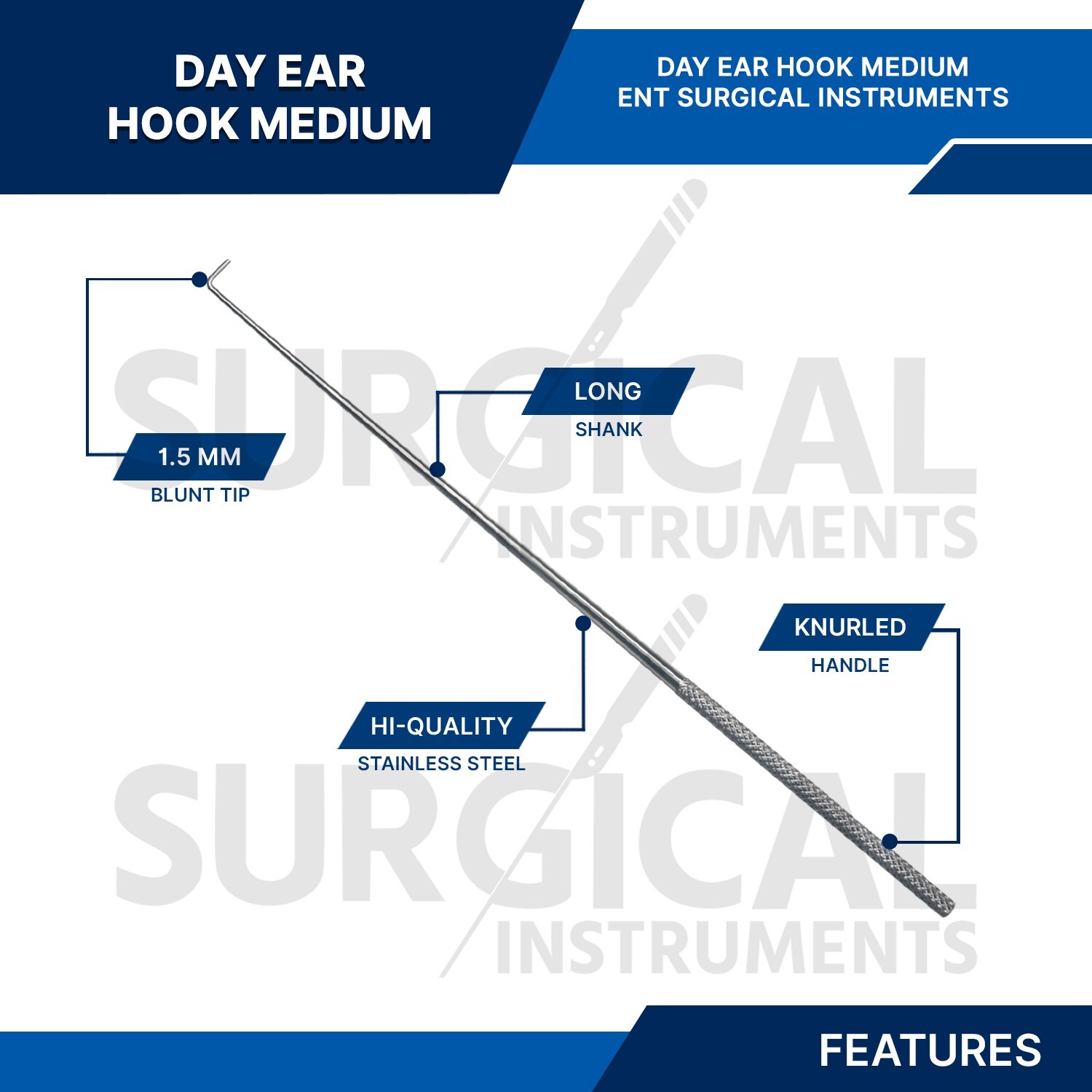 12 Pcs Day Ear Hook 6.5″ Large 1.5 MM ENT Surgical Instruments German Grade