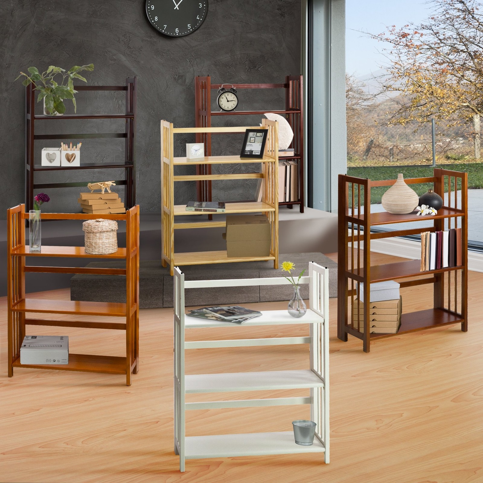 Casual Home 3-Shelf 27.5″ Wide Folding Stackable Bookcase, Natural (New)