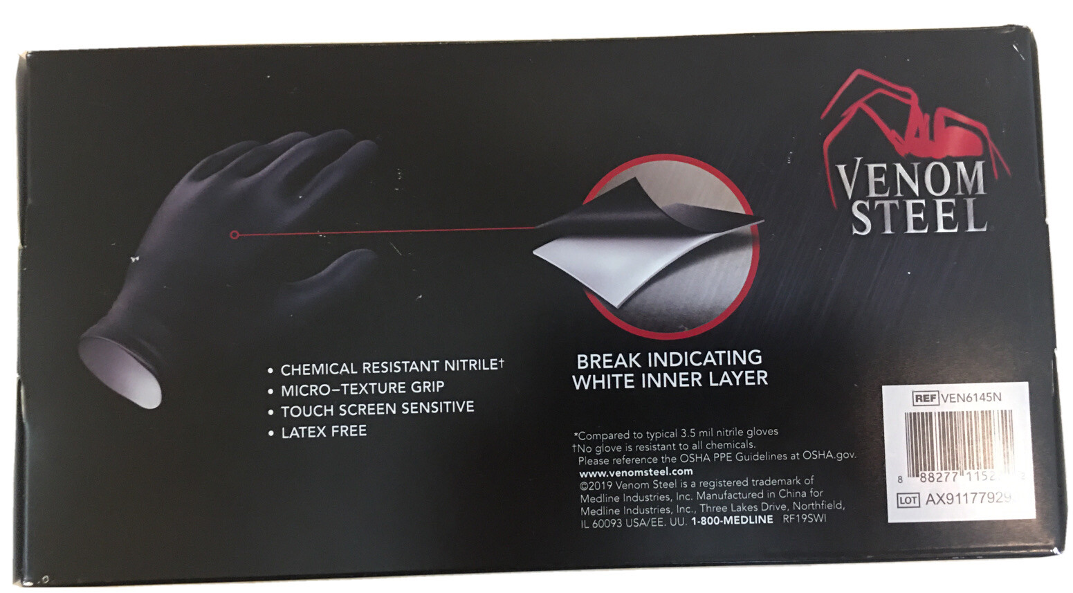 VENOM STEEL NITRILE BLACK RUBBER GLOVES / ONE SIZE FITS MOST HANDS100 COUNT BOX