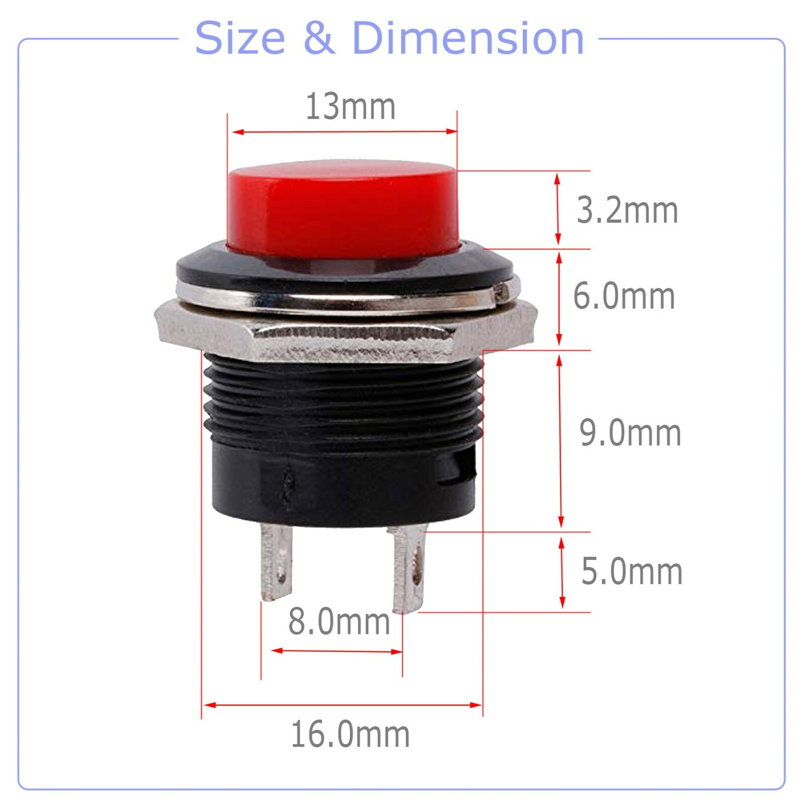 5 Color PCS Normally Open 16mm Round Momentary 2 Pins Metal Push Button Switch