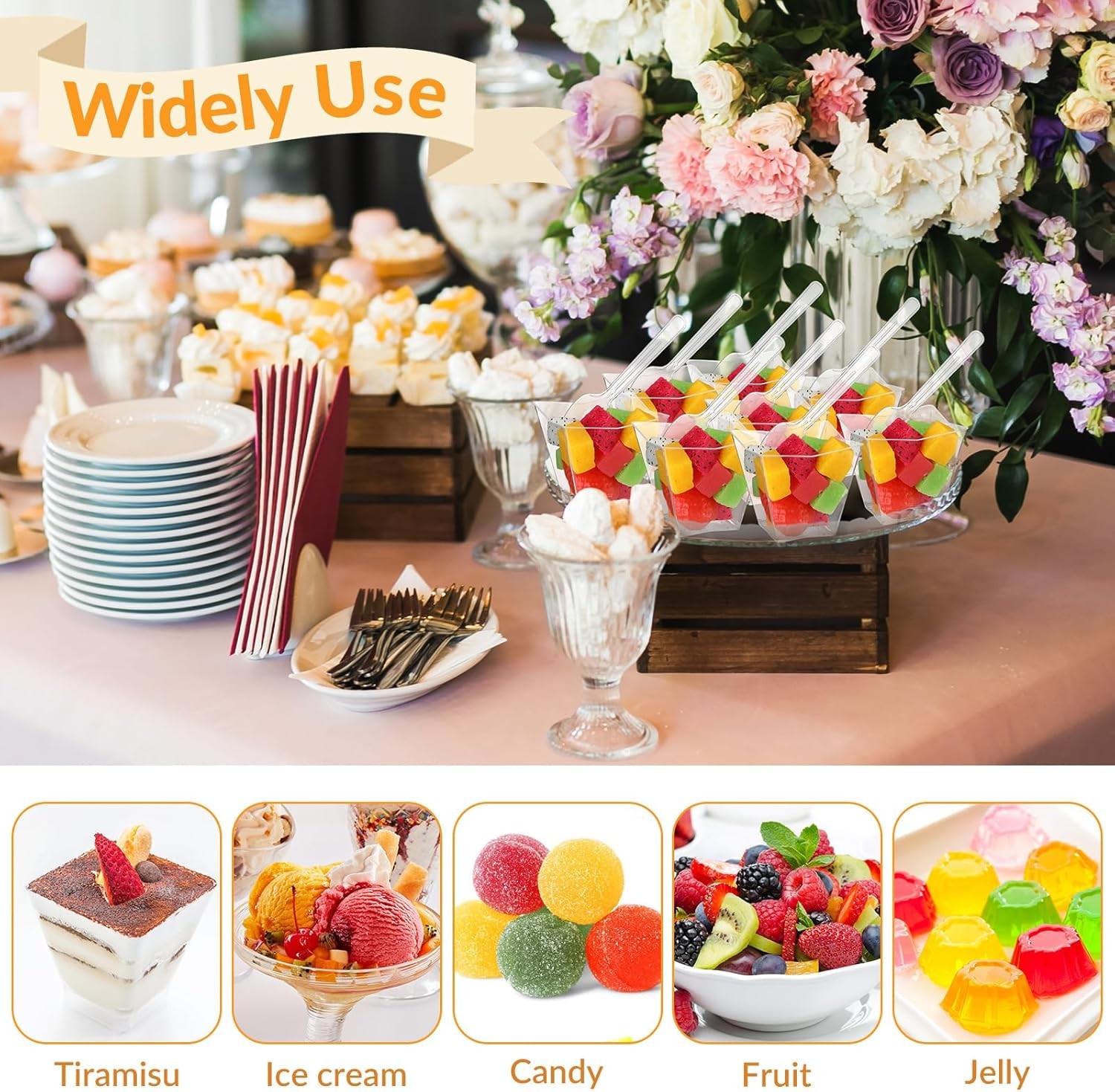 200 x 2.7 oz Mini Dessert Cups with Spoons, Square Clear Plastic Disposable