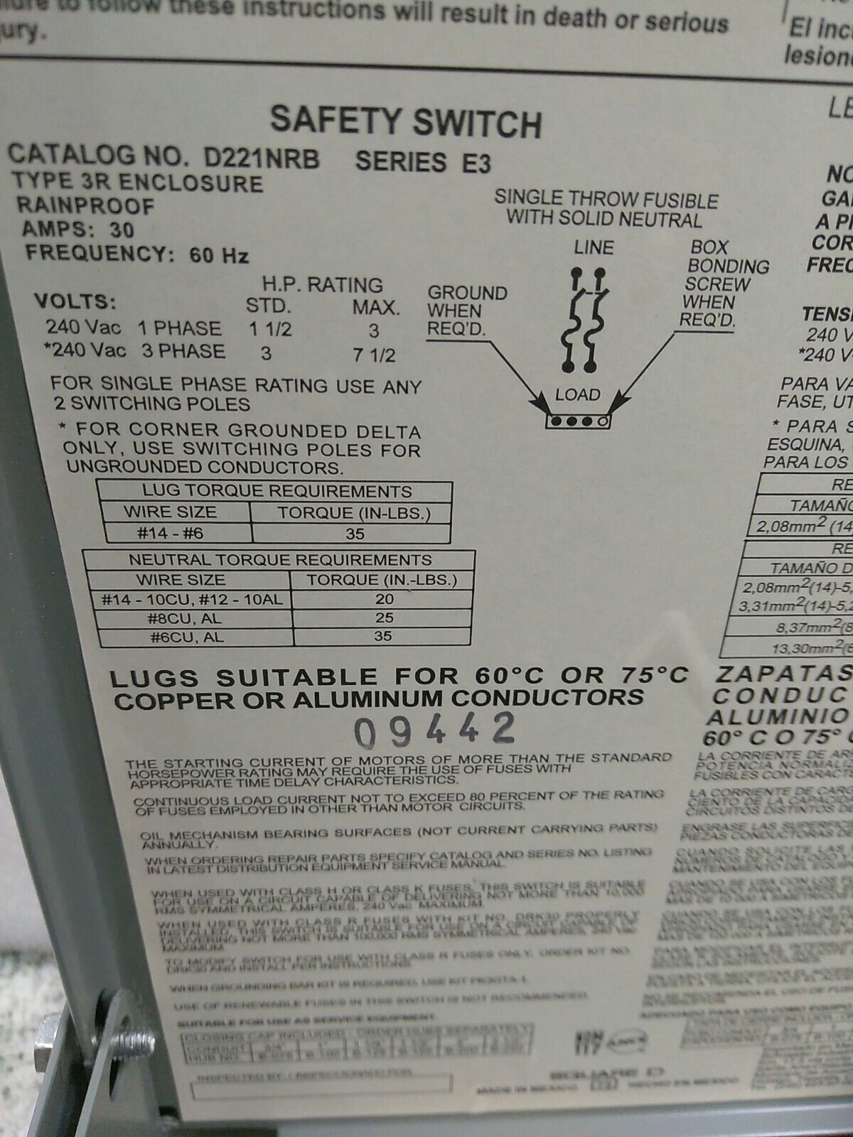 Square D D221NRB SER E3 Disconnect 30A 240VA SAFETY Switch TYPE 3R (BMBS-2B