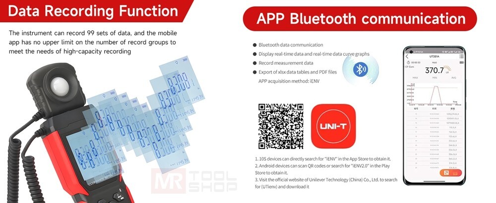 UNI-T UT381A Digital Illuminance Light Meter Bluetooth Luxmeter 400,000lx APP C