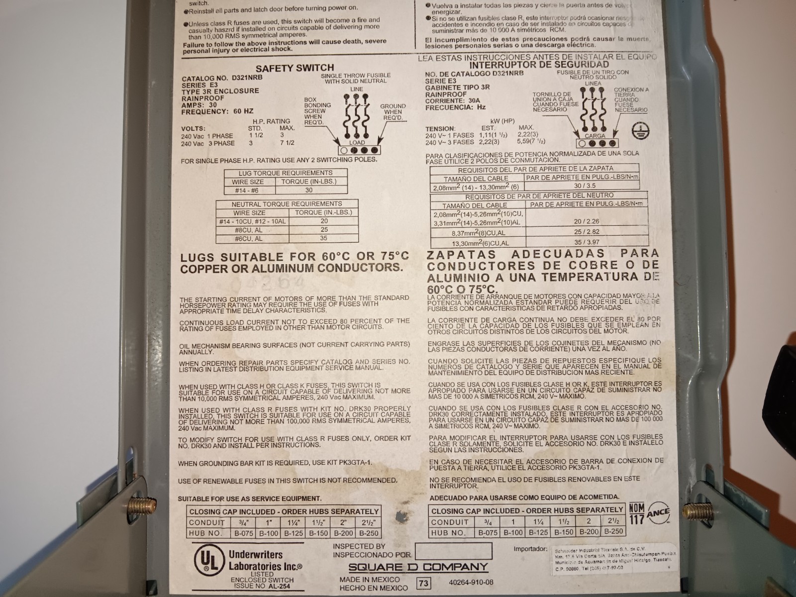 Square D D321NRB 30A Fused Safety Switch Outdoor 3 Pole