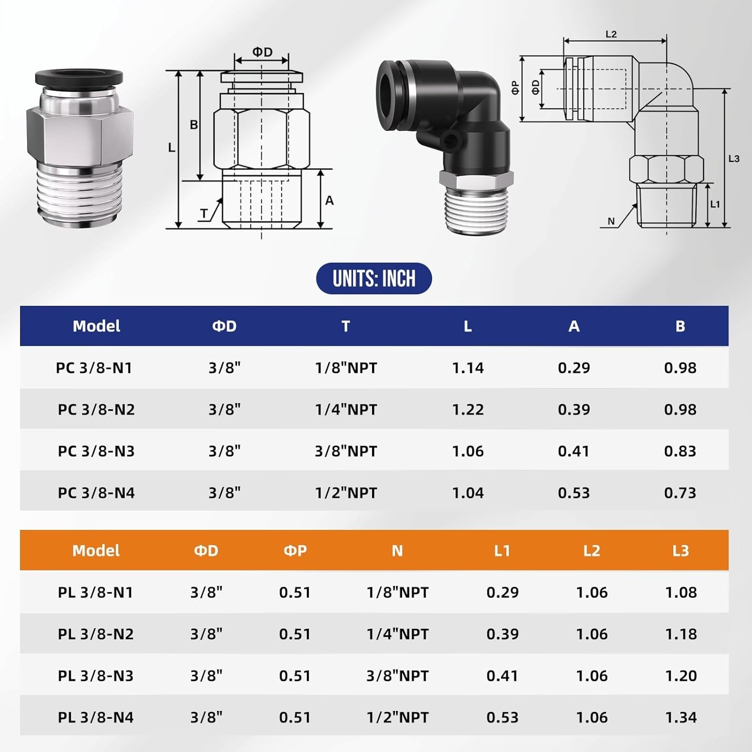 3/8 Tube OD to 1/2 NPT Thread Push to Connect Fittings,Pneumatic Quick Air Ho…
