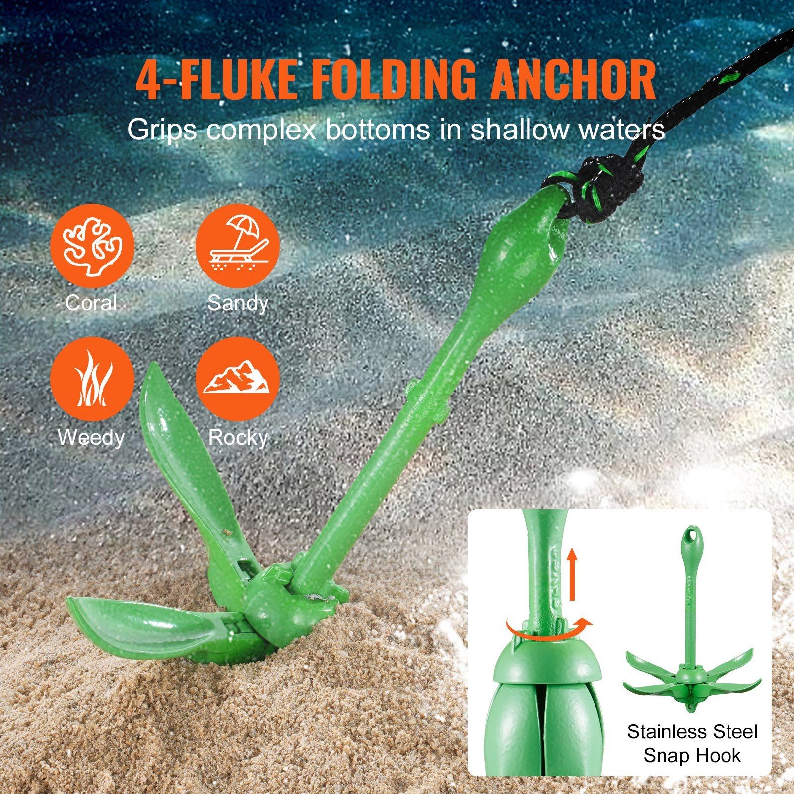 3.5lb 26.2ft/8m Foldable Anchor Kit Snap Hook Storage Bag and Buoy