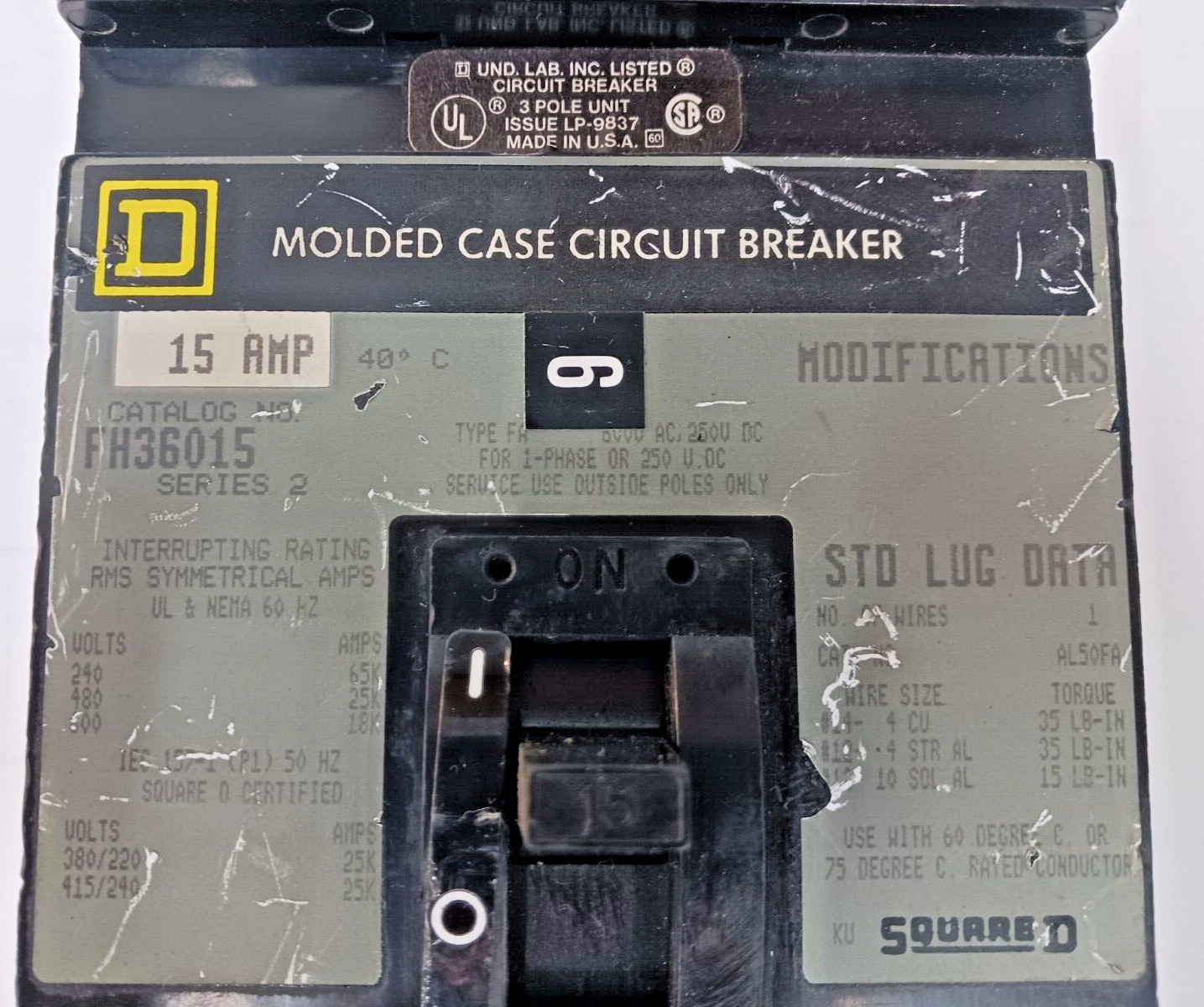 SQUARE D 15 AMP CIRCUIT BREAKER 3 POLE 600 VAC FH36015 #1