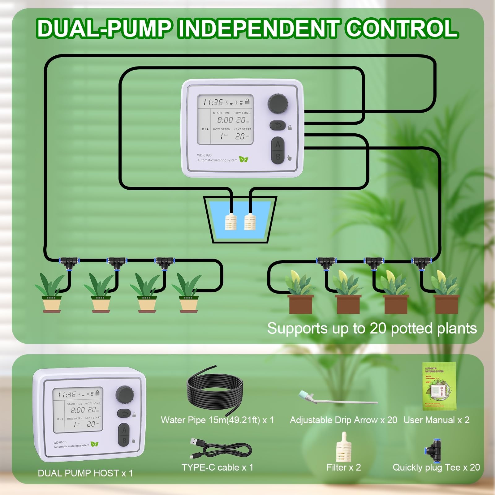 Dual Channel Automatic Watering System, Timer Drip Irrigation Kit for 20 Pott…