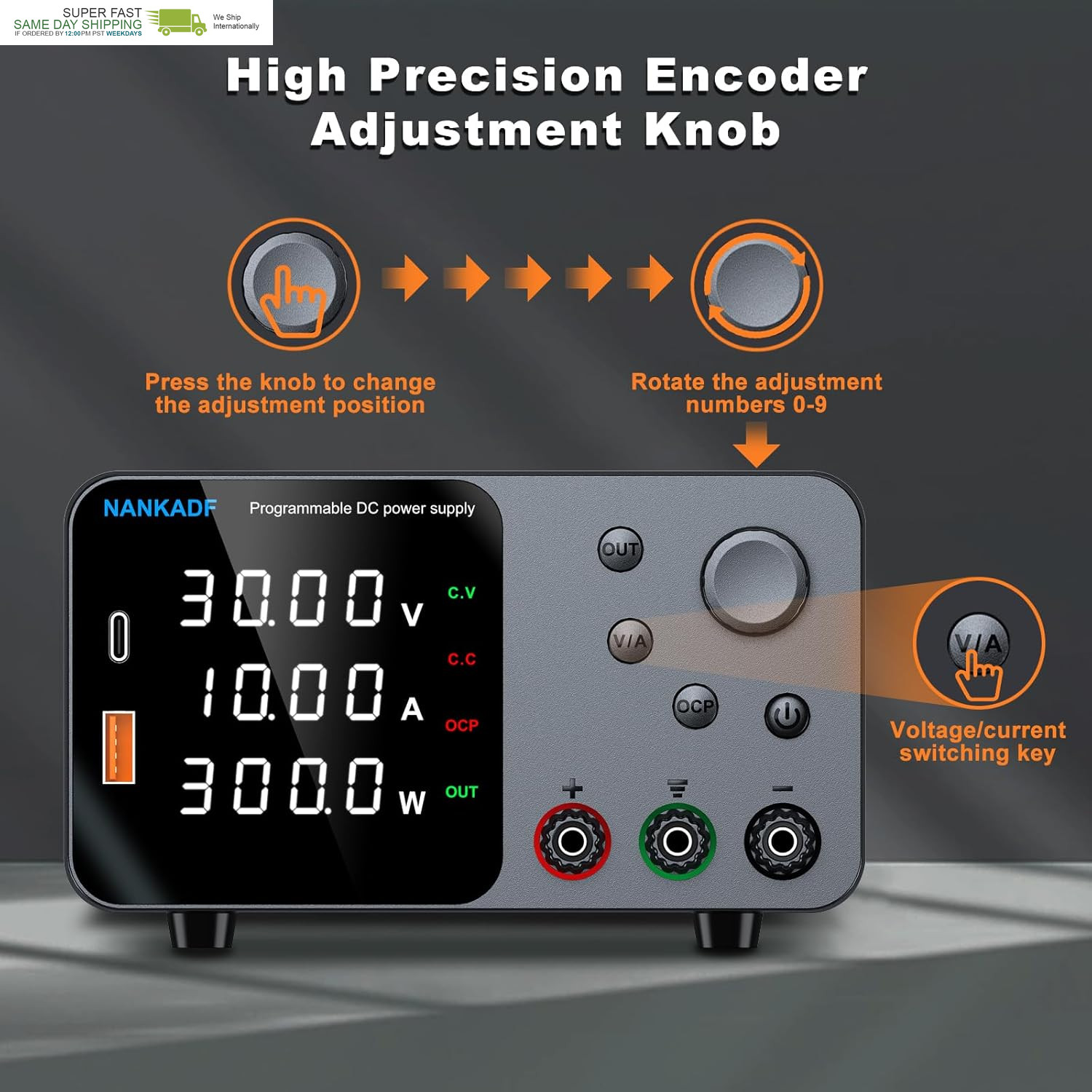 DC Power Supply, 30V 10A Bench Power Supply with Encoder Adjustment, 5V/3.6A Usb