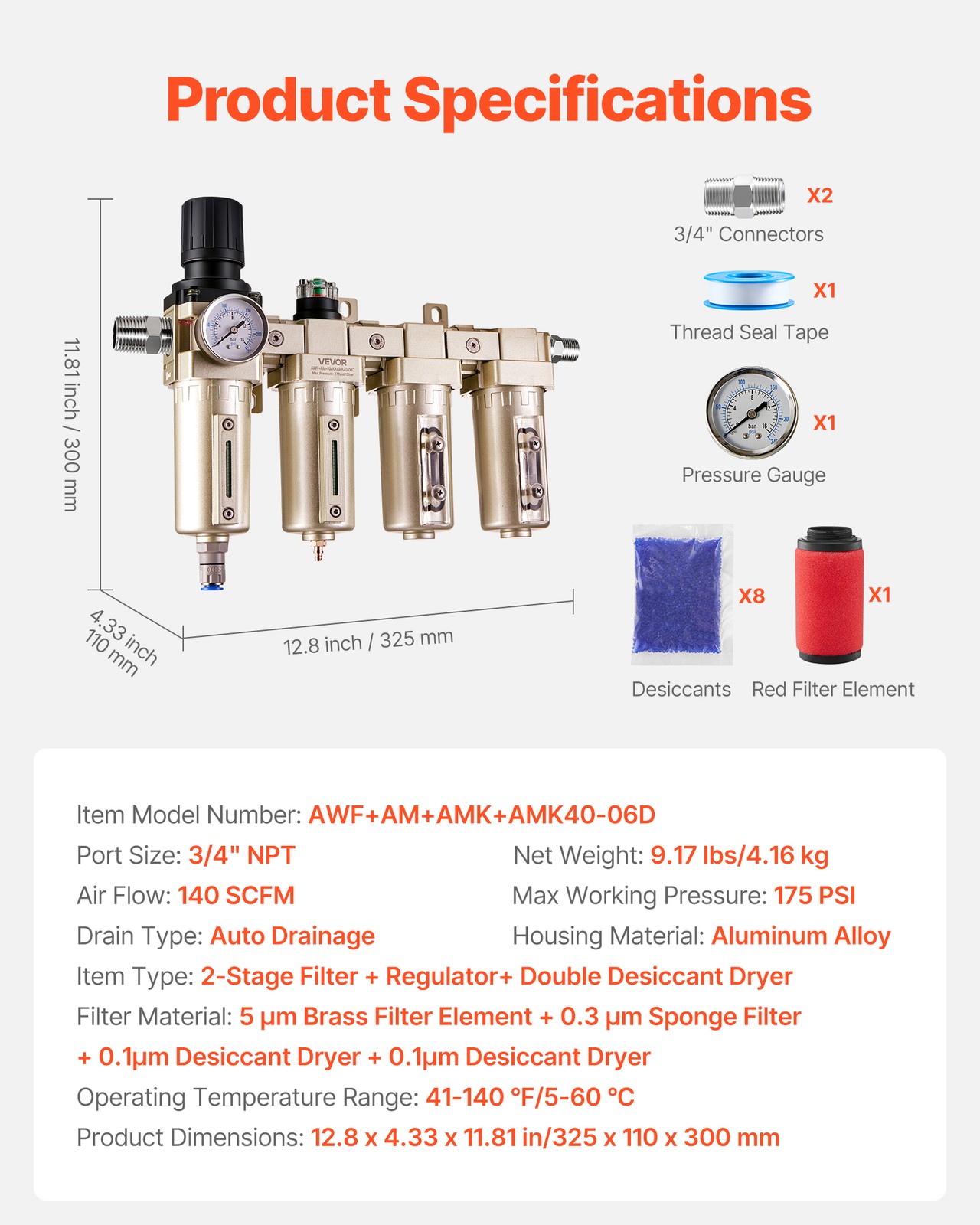 VEVOR Air Compressor Filter Regulator 3/4″ NPT 4-Stage Drying System Auto Drain
