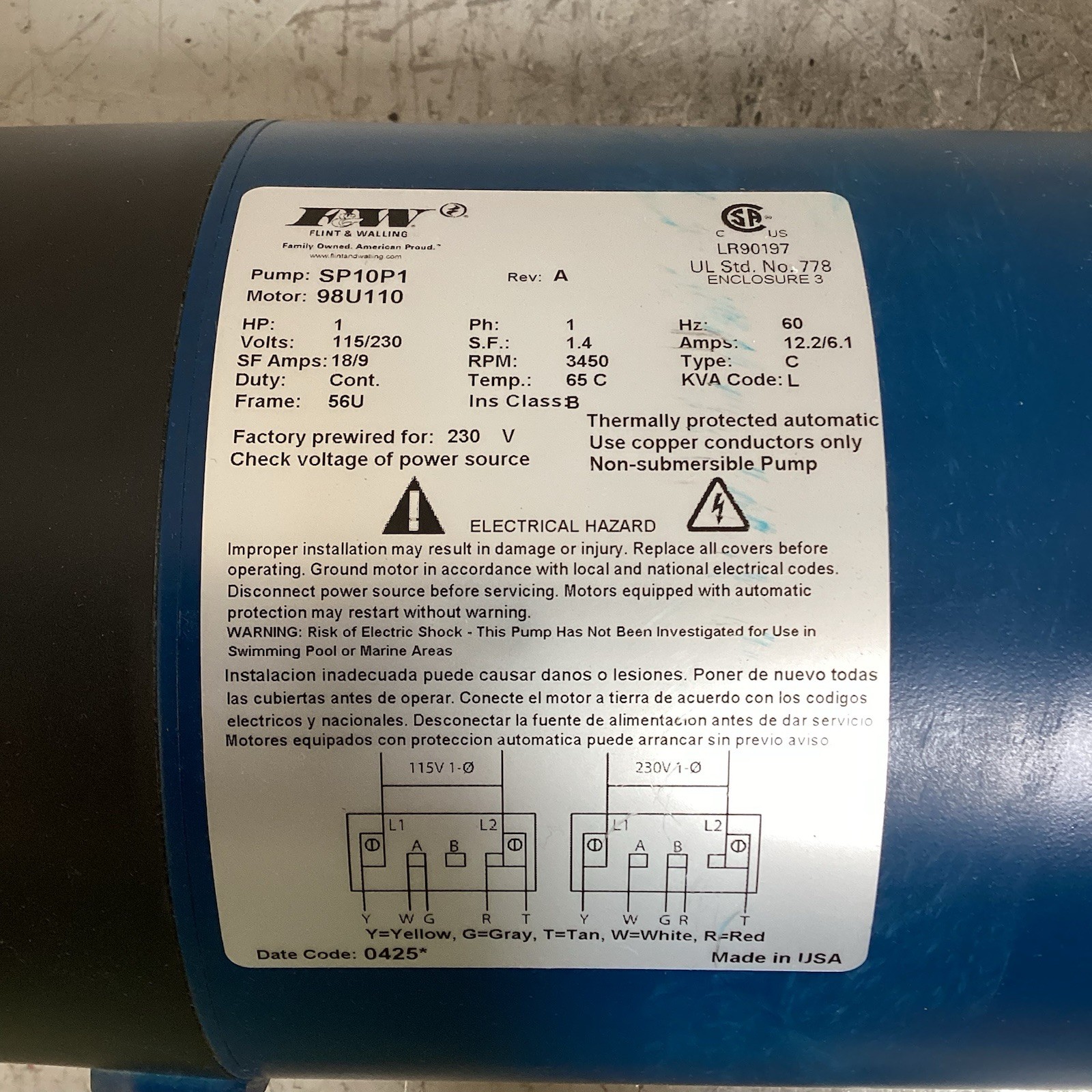 FLINT & WALLING SP10P1 Sprinkler Pump 115/230V 1hp 100psi ODP