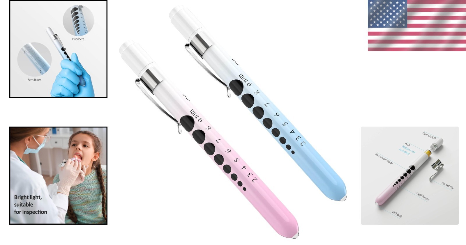 Gradient Pink and Blue LED Pen Lights for Healthcare – 2 Pack with Ruler Feature