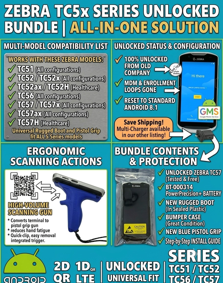 Zebra TC57 Android Rugged Scanner UNLOCKED Bundle (4G LTE, Wi-Fi, 2D) – NEW GRIP