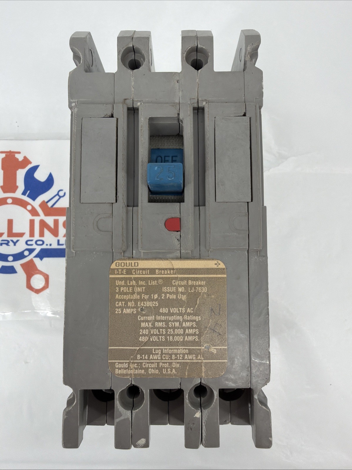 Gould E43B025 Circuit Breaker, 25 Amps, 2 Pole, 480 VAC, 1 Phase