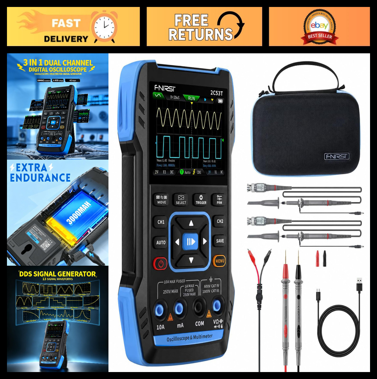 3-in-1 Handheld Oscilloscope 50MHz 2CH, 250MSa/s Sampling, Multimeter & Signal G