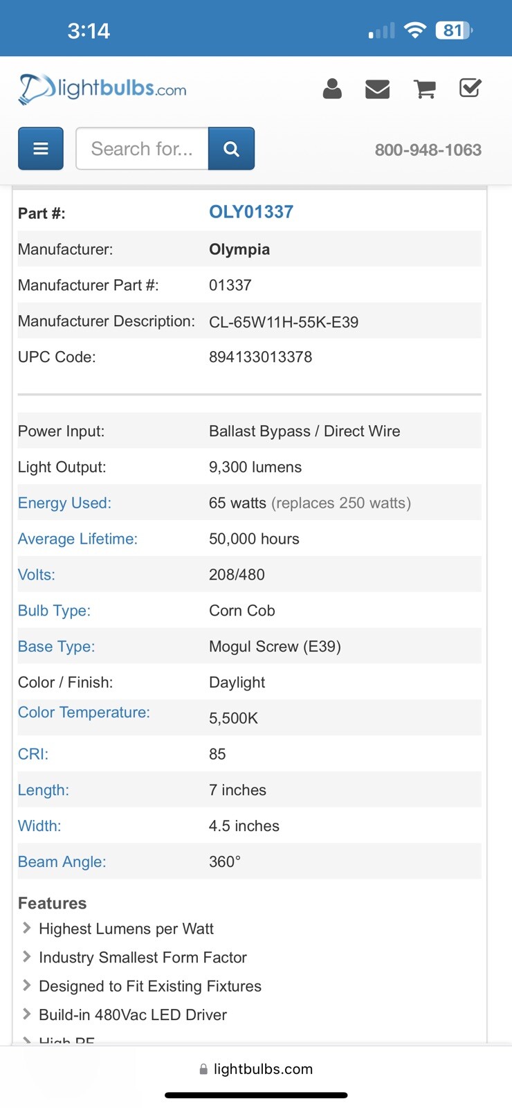 Olympia High Voltage 208-480v Cluster LED Retrofit. NEW 65 Watts Mogul New X2