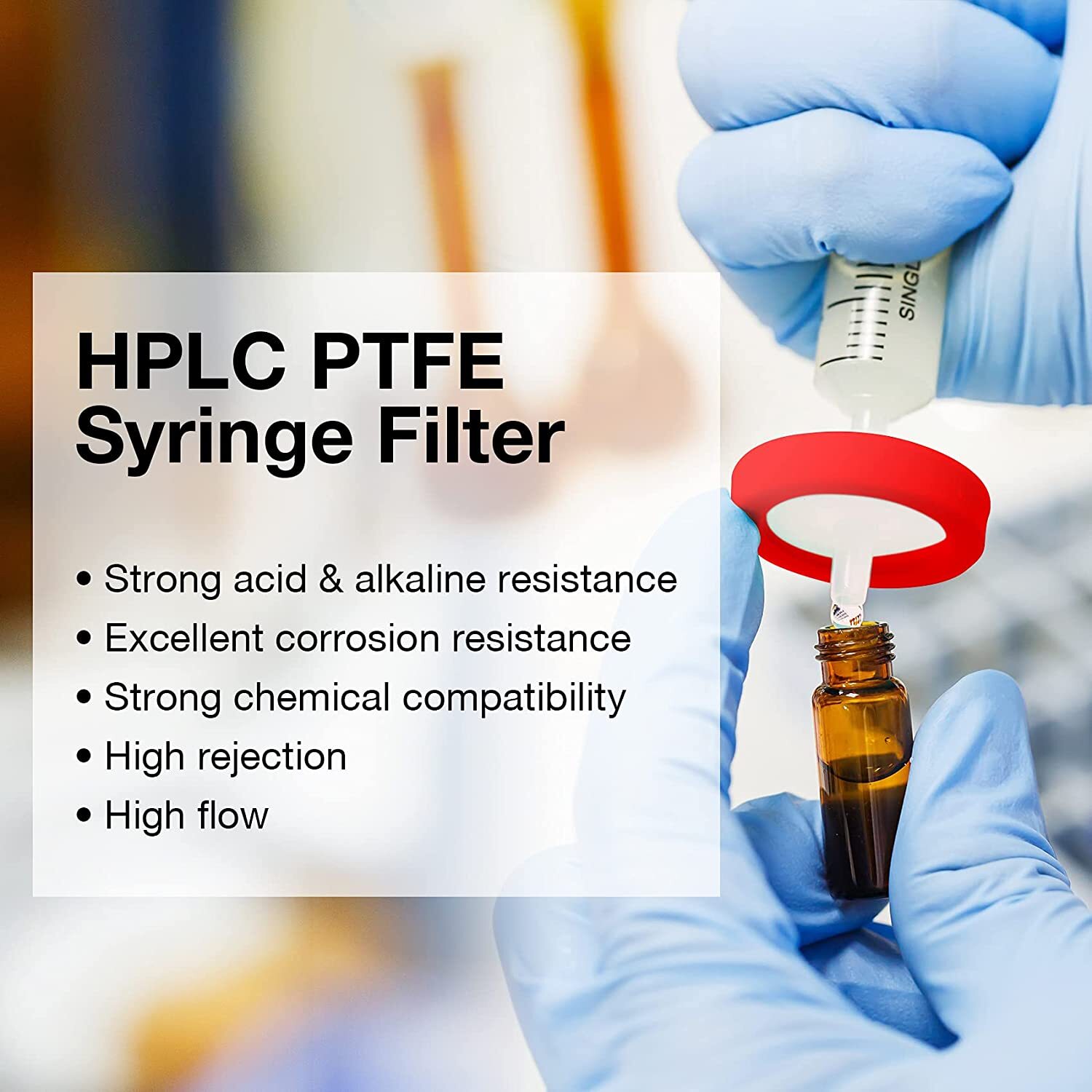 50x PTFE Syringe Filter 0.45μm 13mm Hydrophobic Non-Sterile Chemicals Filtration