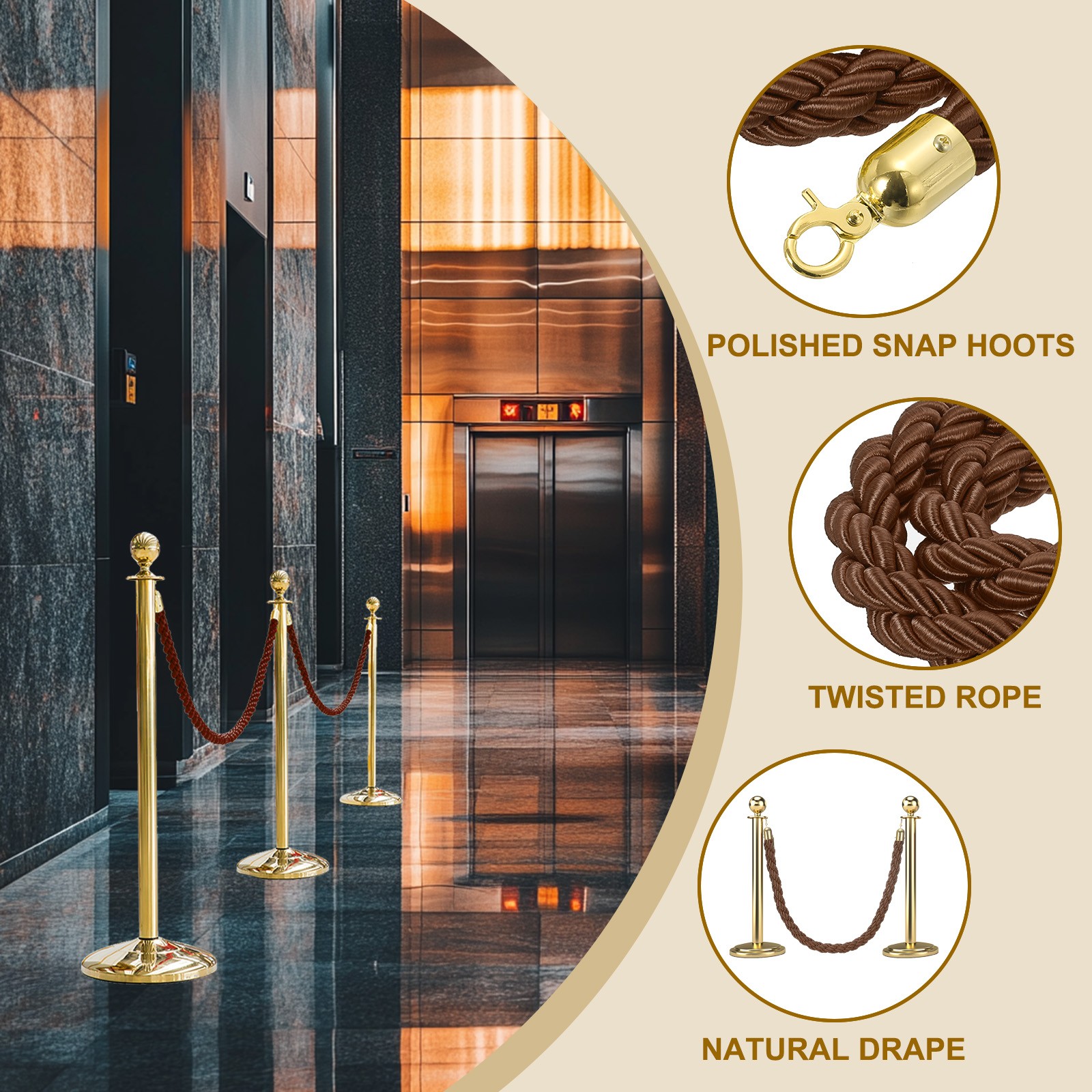 2 Pcs 6.6 Ft/2 m Twisted Stanchion Rope Barrier Rope with Hooks Coffee Golden