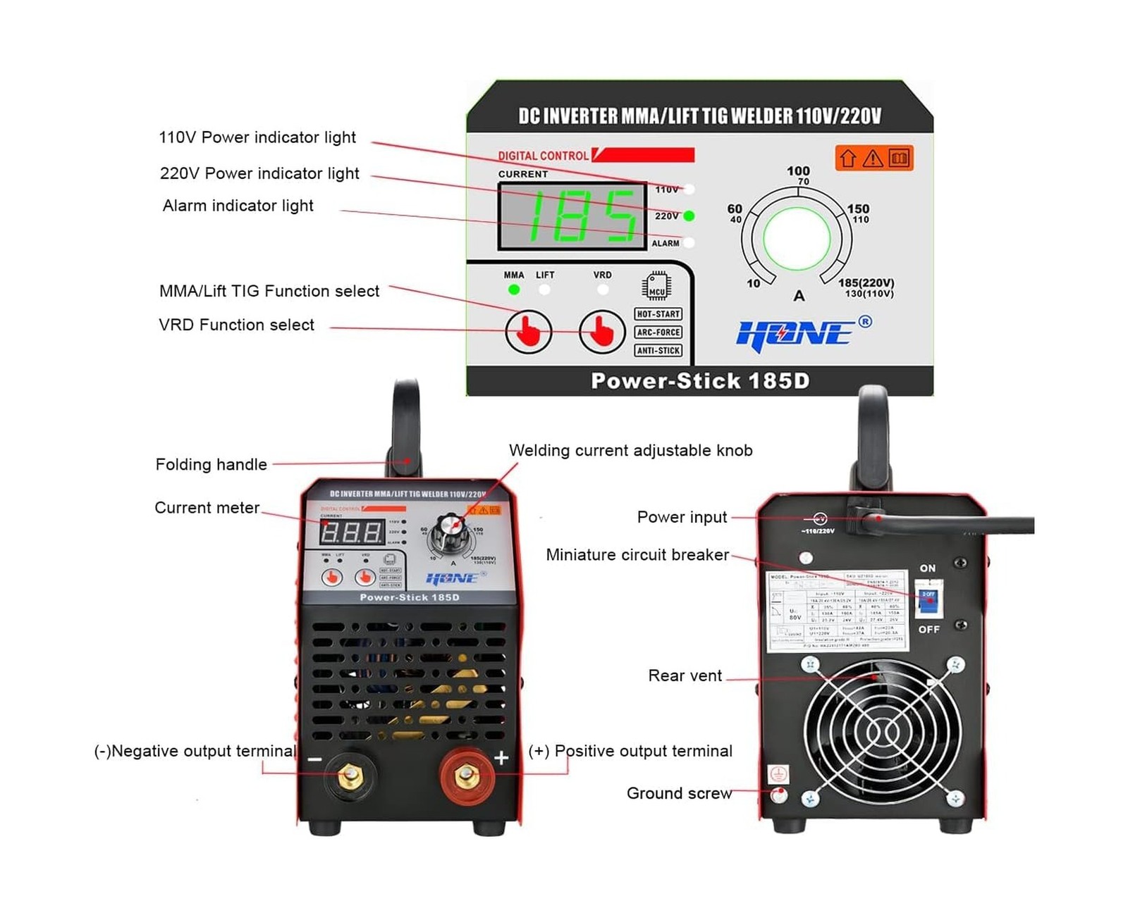 HONE ARC Welder, Actual 185Amp 110V/220V Stick Welder with Lift Tig Function,…