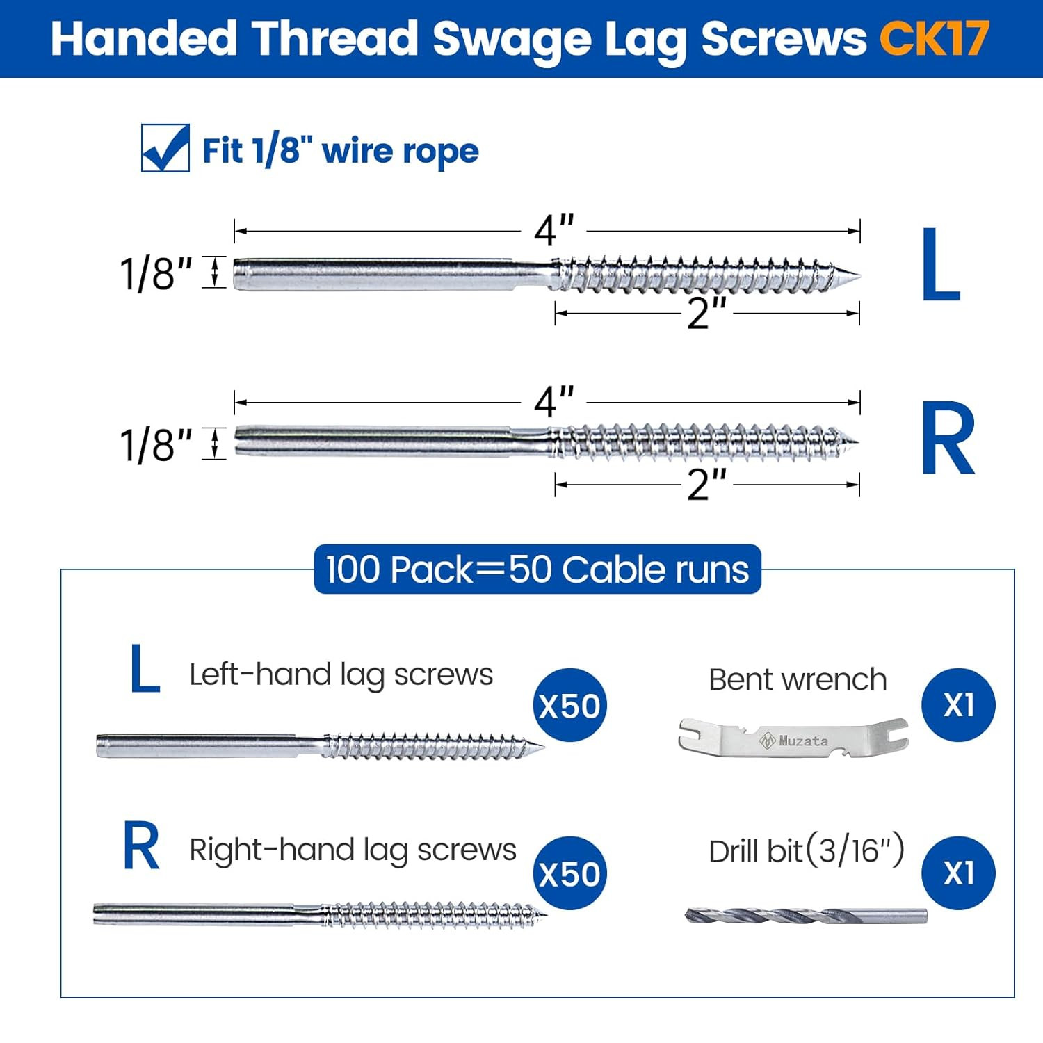 100 Pack 1/8″ Cable Railing Hardware Kit Swage Lag Screws Left and Right Handed