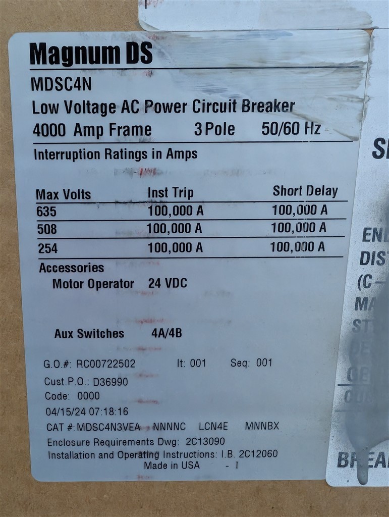 NEW 4000A Eaton Magnum DS MDSC4N Low Voltage AC Power Circuit Breaker