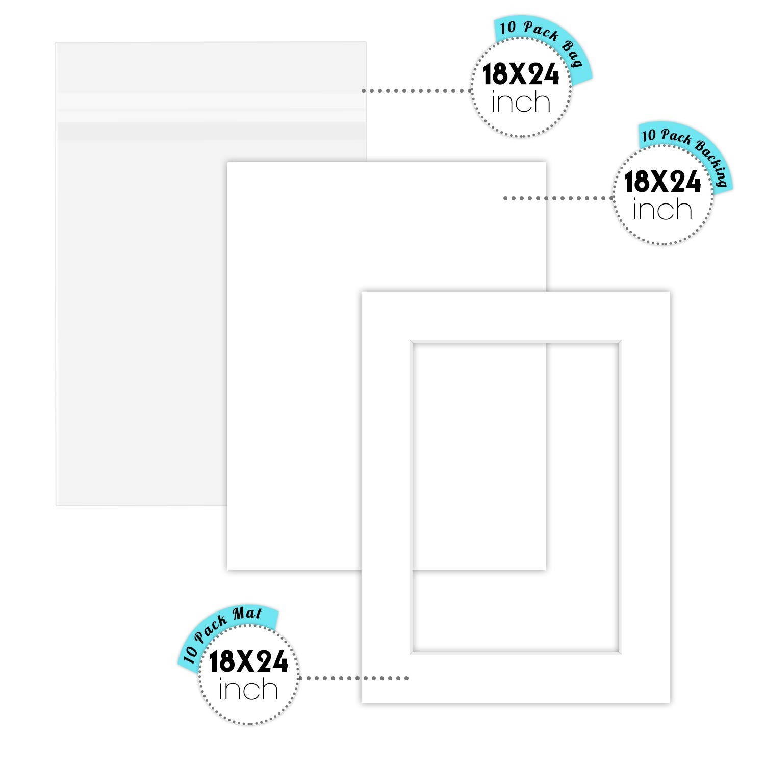 10 of 18×24 White Pre-cut Acid-free whitecore mat for 12×18 + back+bag