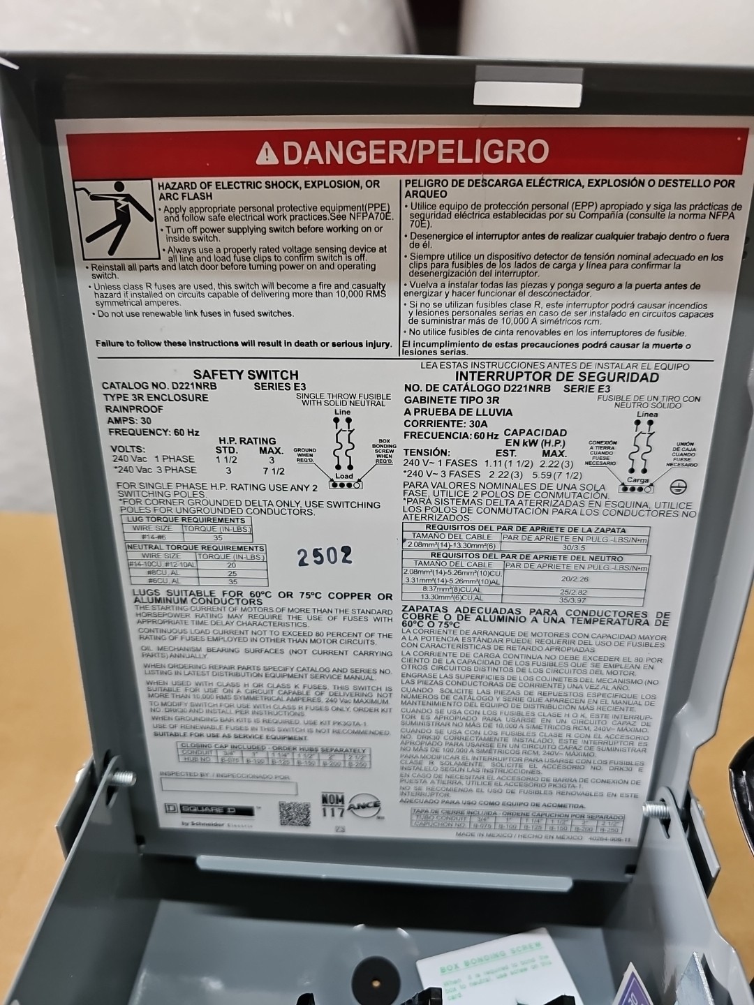 Square D D221NRB General Duty Safety Switch 240VAC 30A
