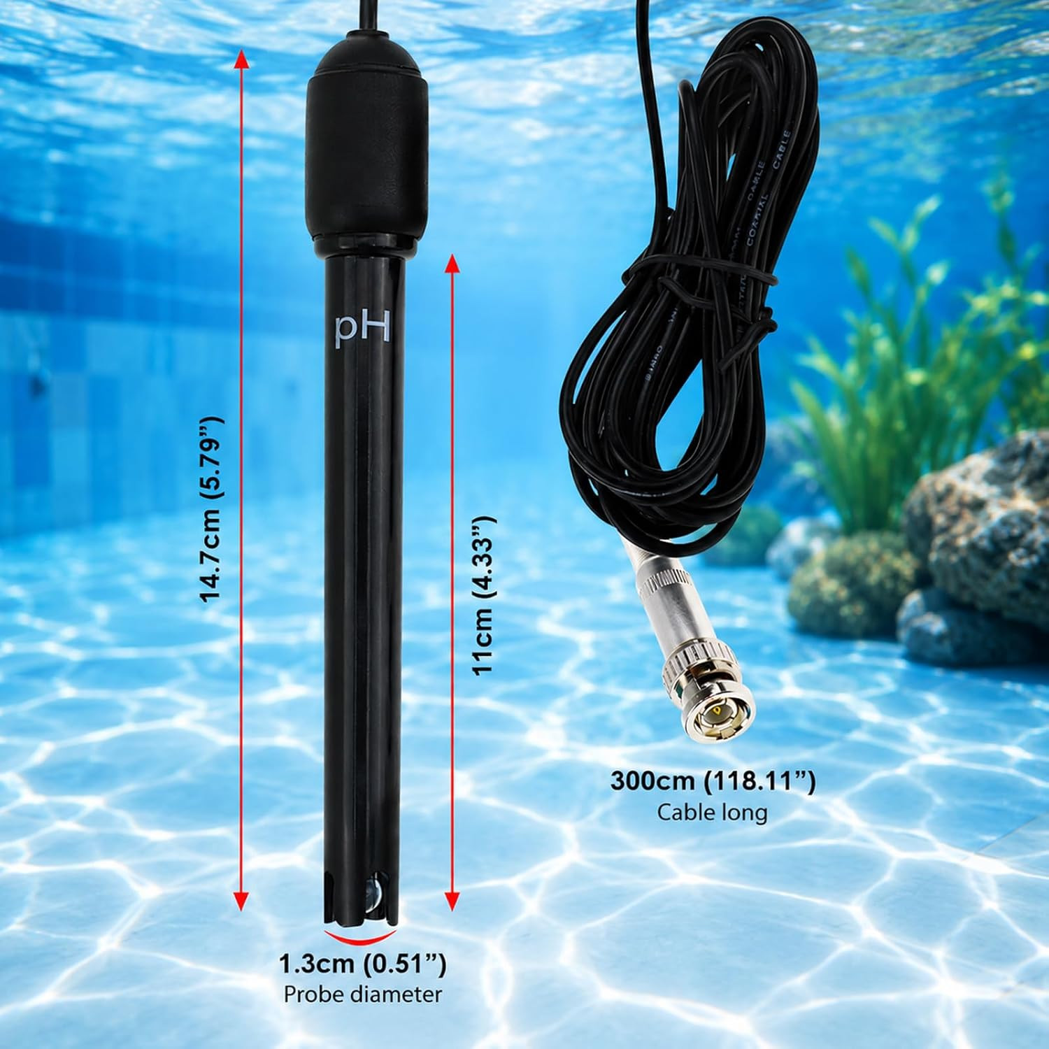 Long Body Ph Electrode with BNC Socket Probe 300Cm Cable 0-14Ph for Ph Meter, Ph